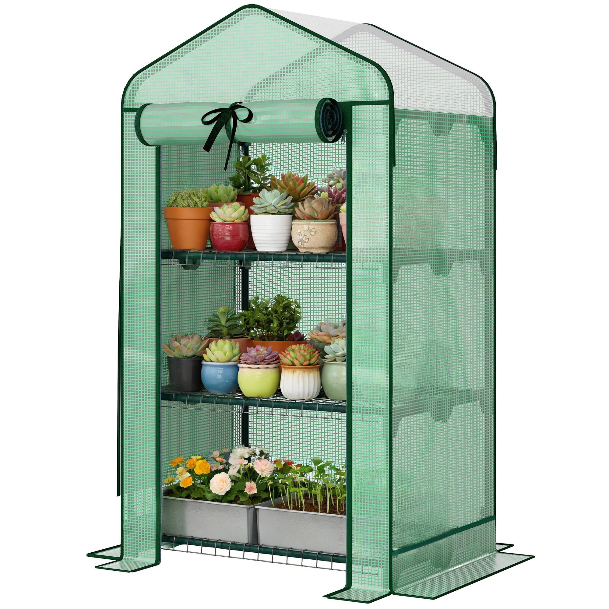 Mini Greenhouse with Screen Roof, Portable Small Greenhouse with Roll-Up Zipper Door, 27.6" x 19.7" x 50", Green