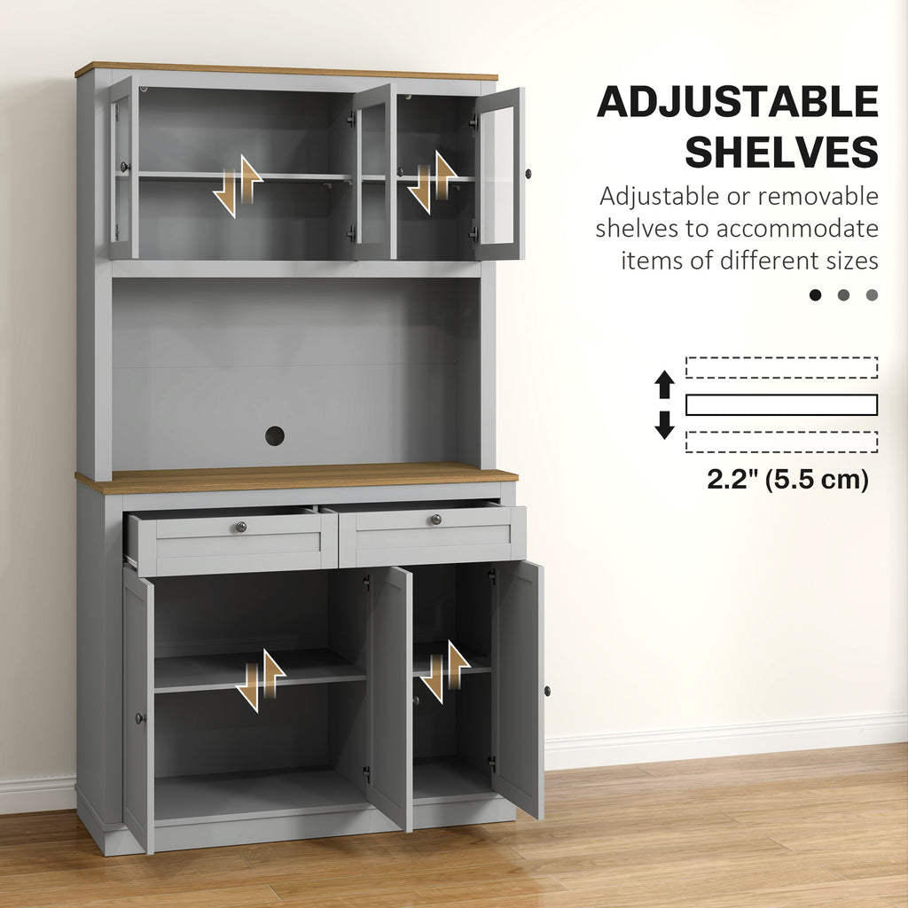 71" Pantry Cabinet with Microwave Space, Buffet with Hutch, 2 Drawers, Adjustable Shelves and Glass Doors, Grey