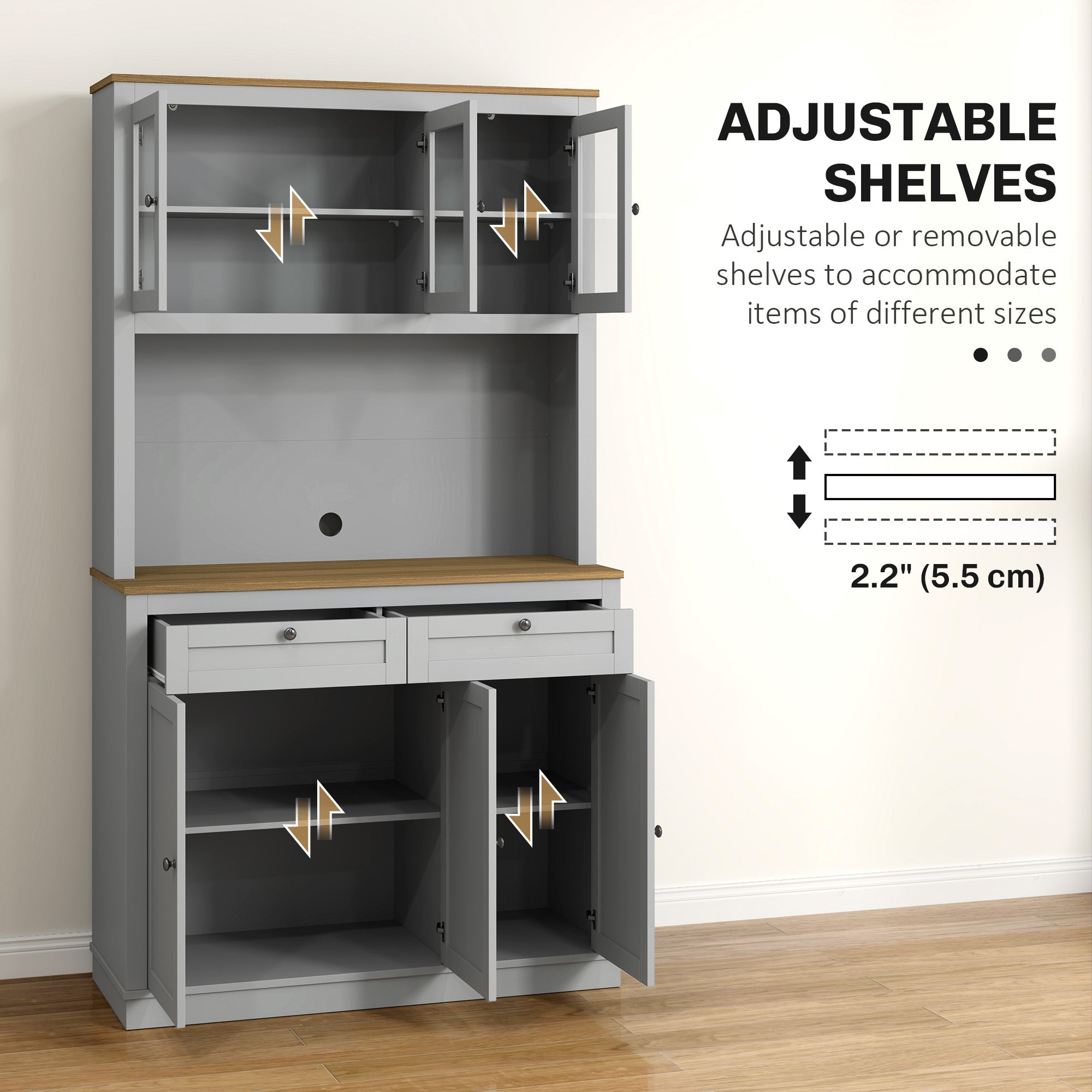 71" Pantry Cabinet with Microwave Space, Buffet with Hutch, 2 Drawers, Adjustable Shelves and Glass Doors, Grey