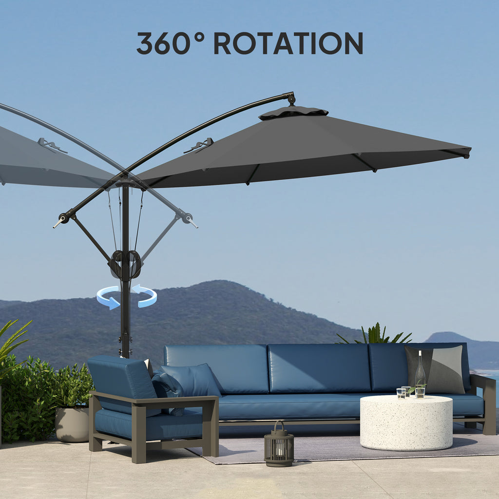 118.1" Patio Offset Umbrella with Cover and Wind Protection Strap,with Crank Handle and Tilt, UPF50+, Grey