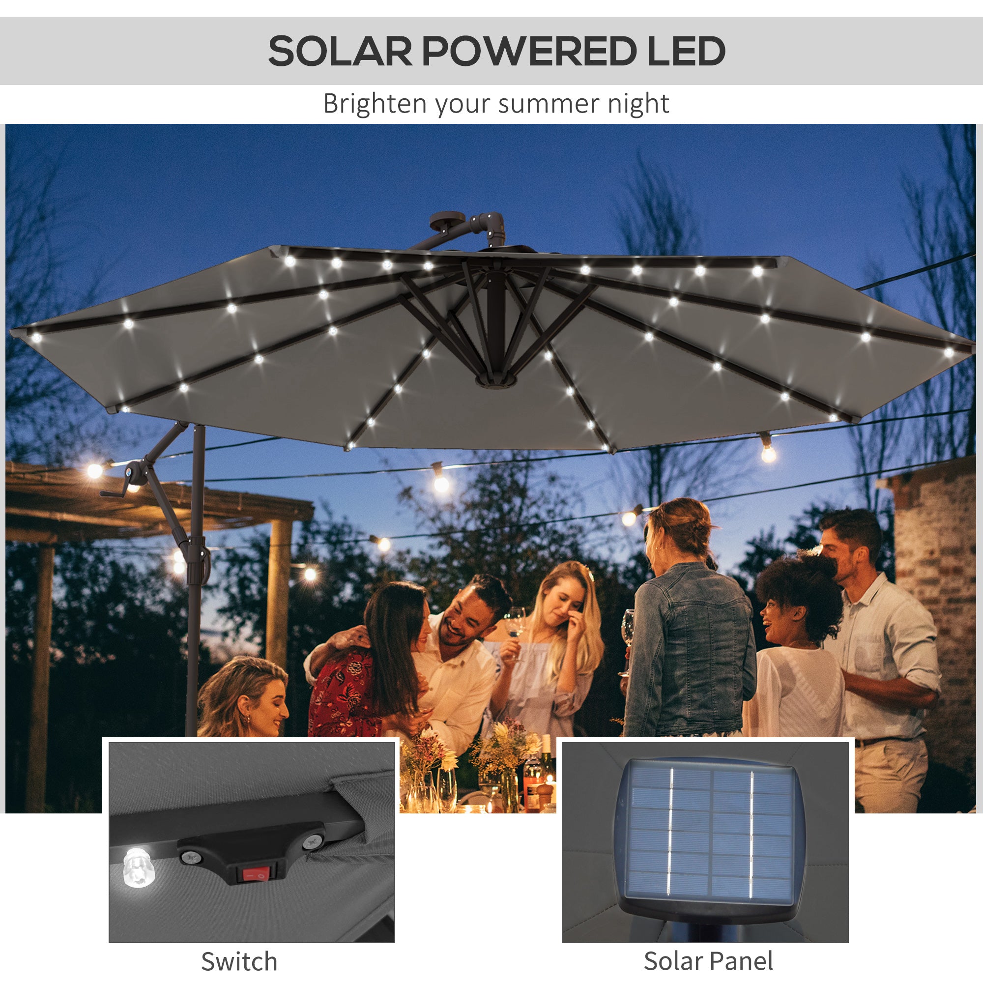 9.5' Offset Patio Umbrella Garden Parasol with Solar LED Lights and Weights, Dark Grey