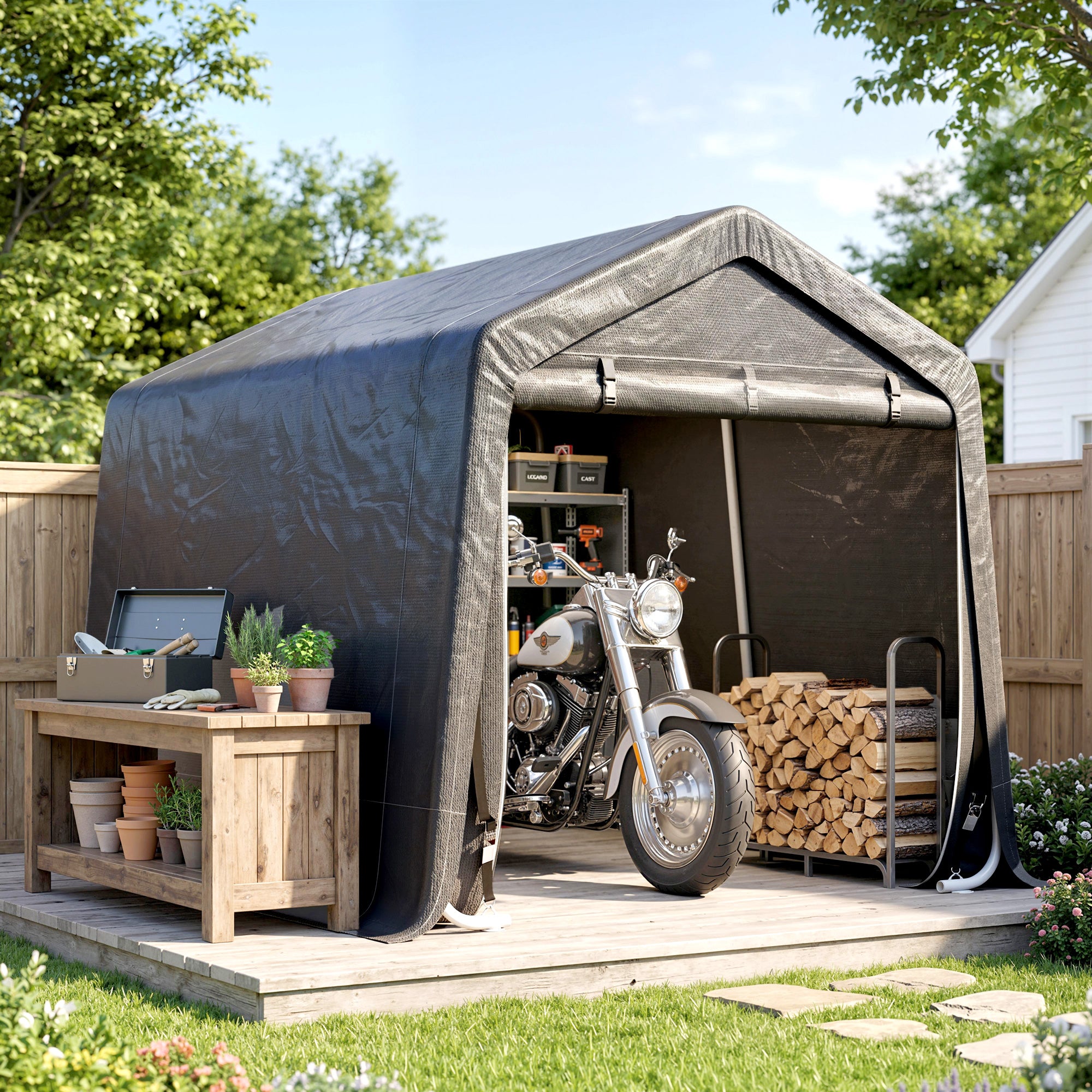 9.2' x 7.9' Garden Storage Tent, Patio Storage Shelter w/ Metal Frame and Double Zipper Doors, Dark Grey