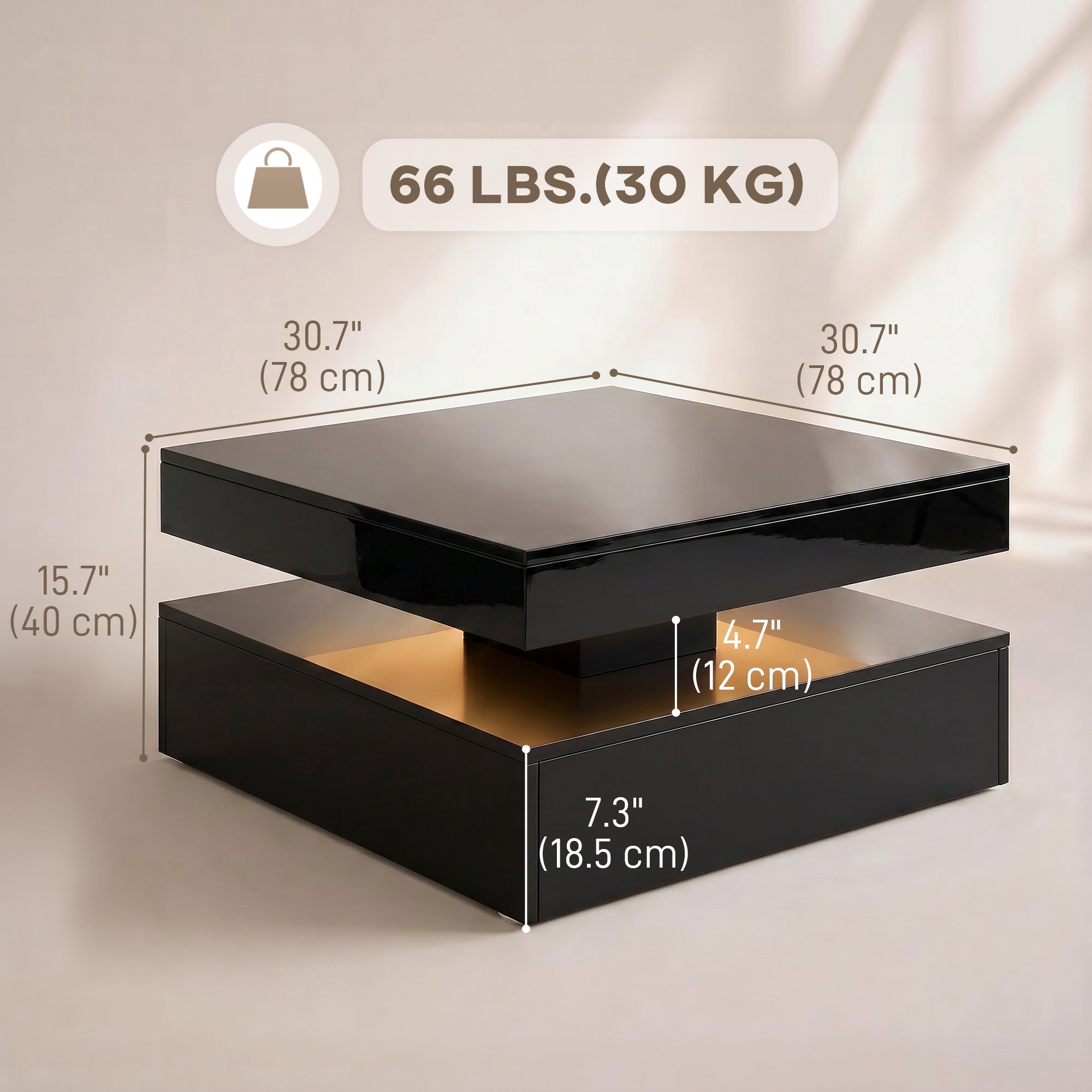 LED Coffee Table with Storage, 2-Tier Modern Center Table with Open Shelf and Remote for Living Room, High Gloss Black