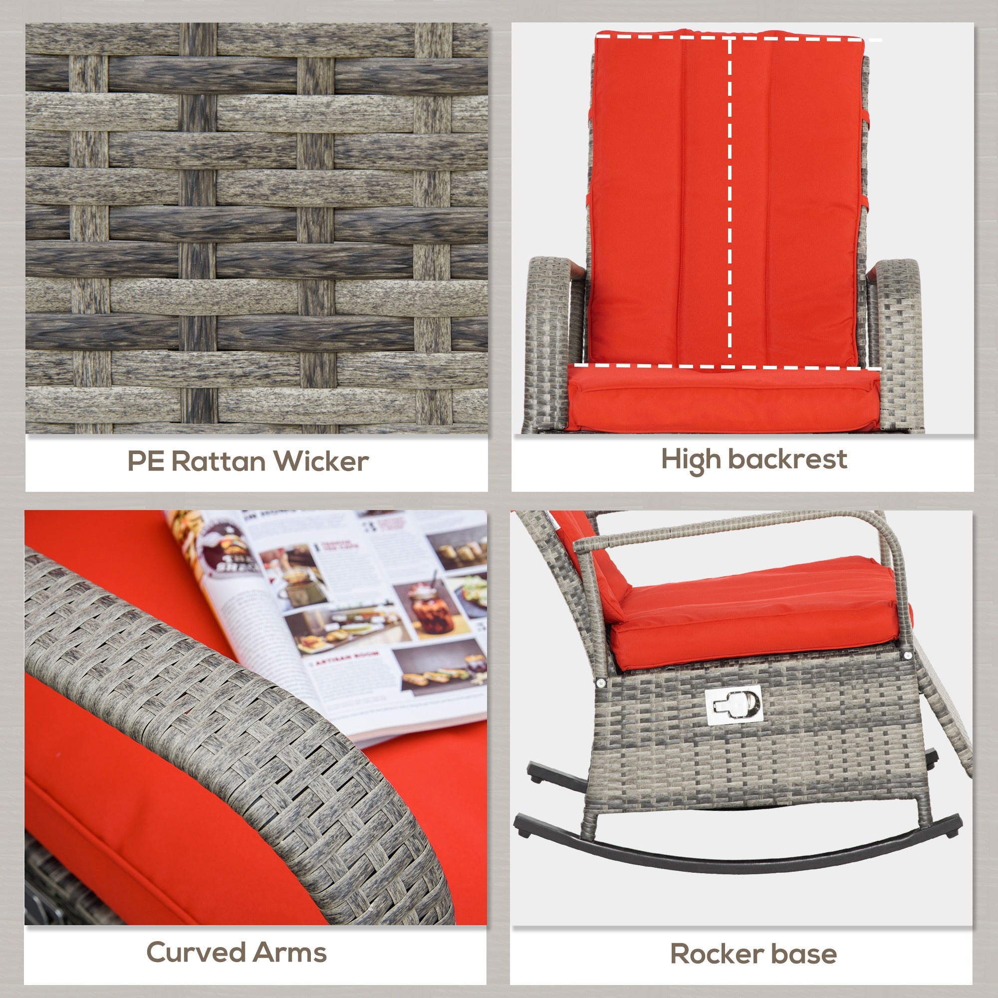 Outdoor Wicker Rocking Chair with Cushion, Patio PE Rattan Recliner Chair with Adjustable Footrest, Armrests, Red