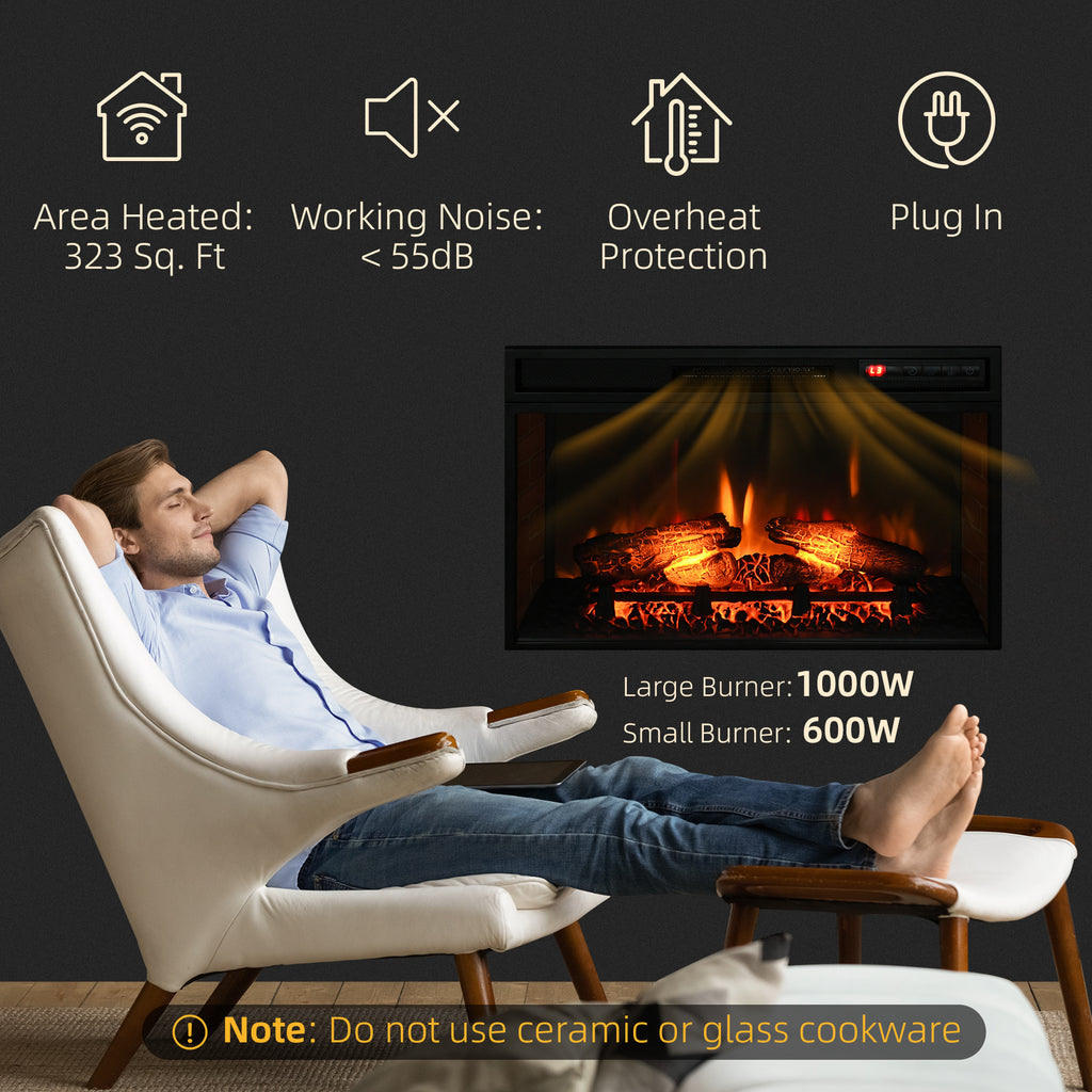 27" Electric Fireplace Insert, Retro Recessed Fireplace Heater with Realistic Log Flame, Remote Control, Adjustable Brightness, 1400W, Black