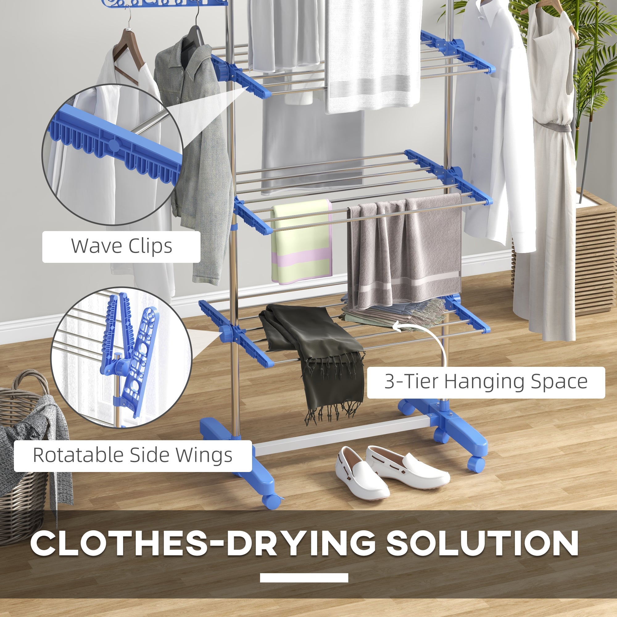 3-Tier Foldable Clothes Drying Rack, Stainless Steel Laundry Rack with 2 Side Wings and 6 Castors, Collapsible Adjustable Clothes Airer for Indoor Outdoor, Blue