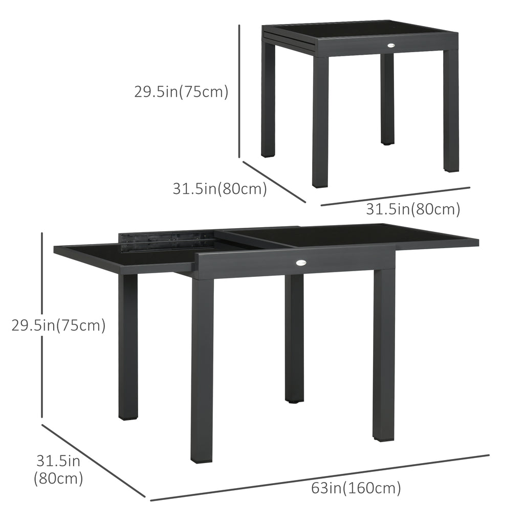 63" Extendable Outdoor Dining Table Patio Table with Aluminum Frame and Tempered Glass Tabletop, Black