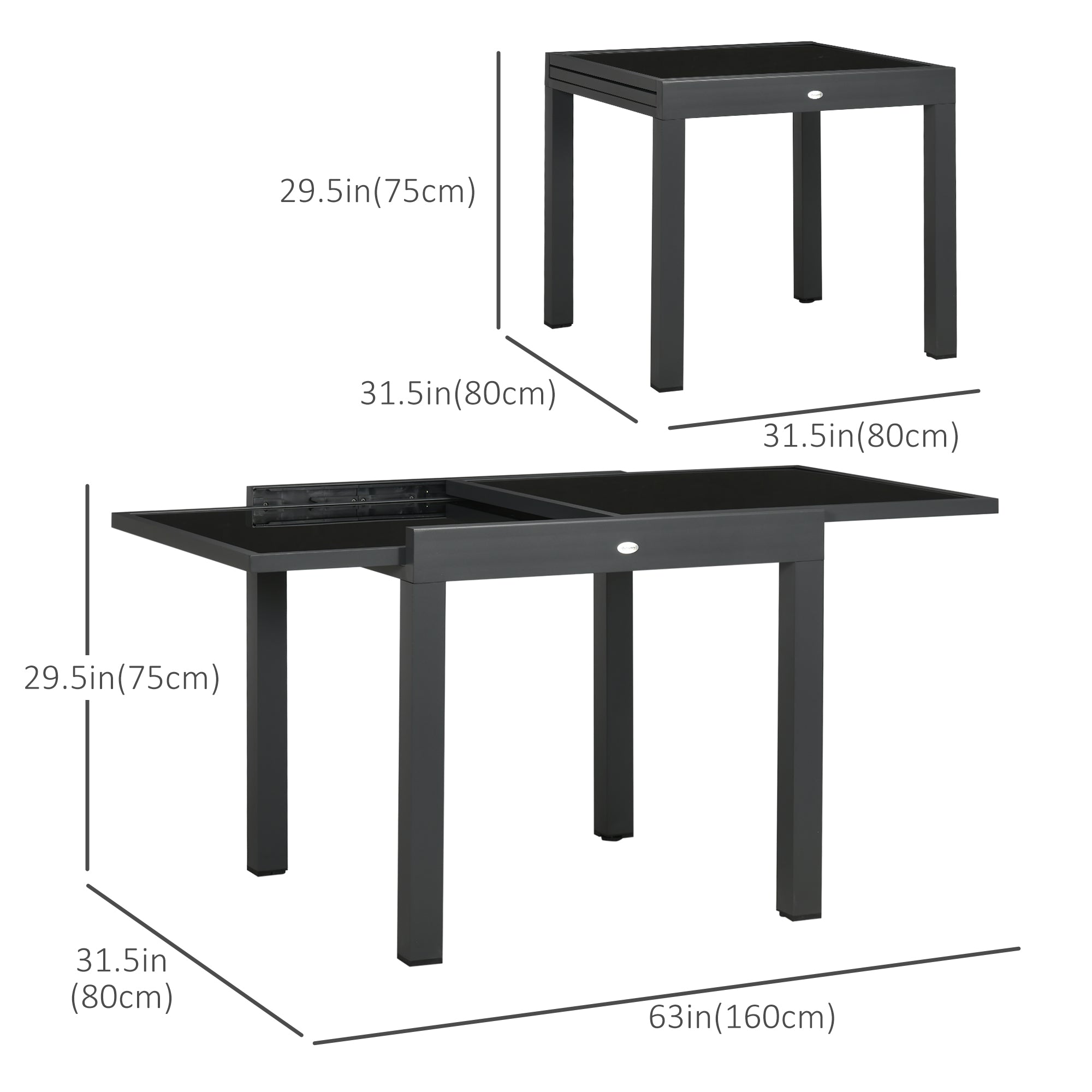 63" Extendable Outdoor Dining Table Patio Table with Aluminum Frame and Tempered Glass Tabletop, Black