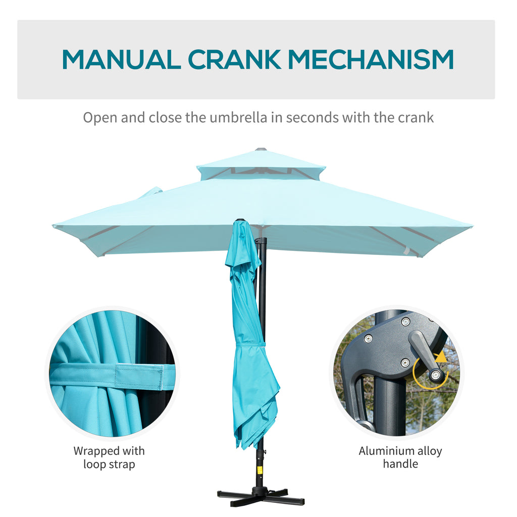 10' x 10' Cantilever Patio Umbrella, Double Top Square Offset Umbrella with 360Â° Rotation, 5 Adjustable Tilt Angles, Umbrella Cover, Aluminum Pole and Ribs, Light Blue
