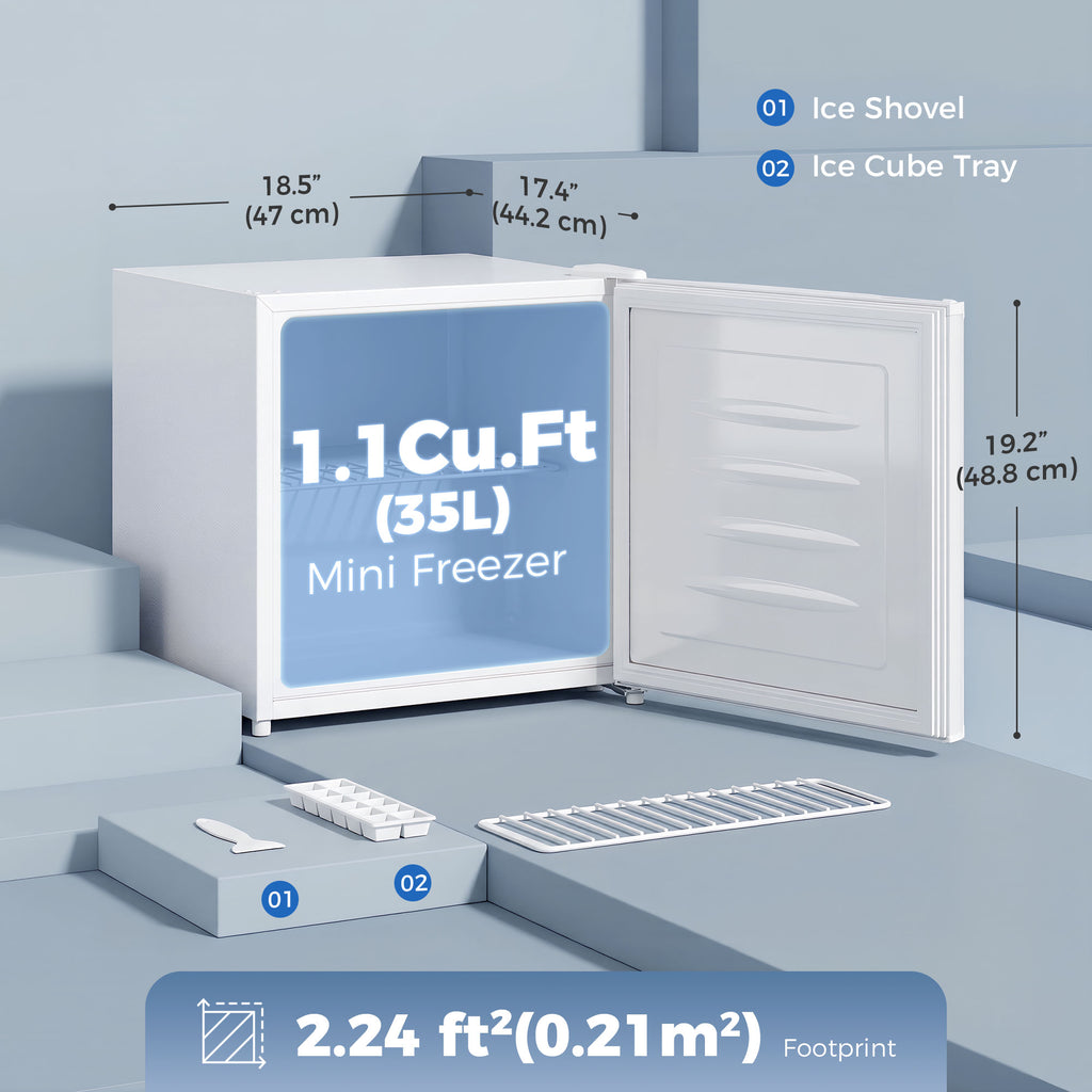 1.1 Cu. Ft. Mini Freezer, Compact Upright Freezer with Reversible Door, Removable Shelf, Adjustable Temperature, White