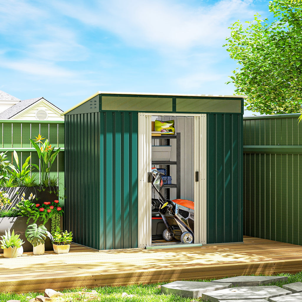 6.5x4FT Galvanised Metal Shed with Foundation Kit, Lockable Garden Tool Storage House with Sliding Doors, Vents, Green
