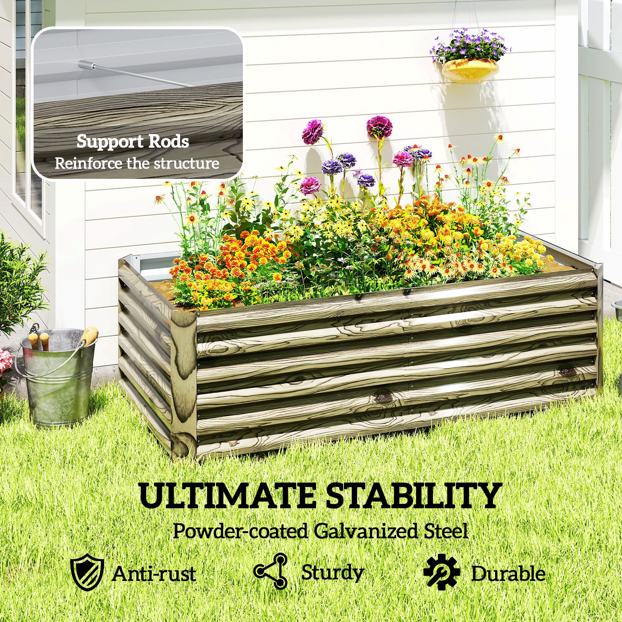 6' x 3' x 2' Raised Garden Bed, Galvanized Planter Box for Growing Flowers, Herbs and Vegetables, Light Wood Effect