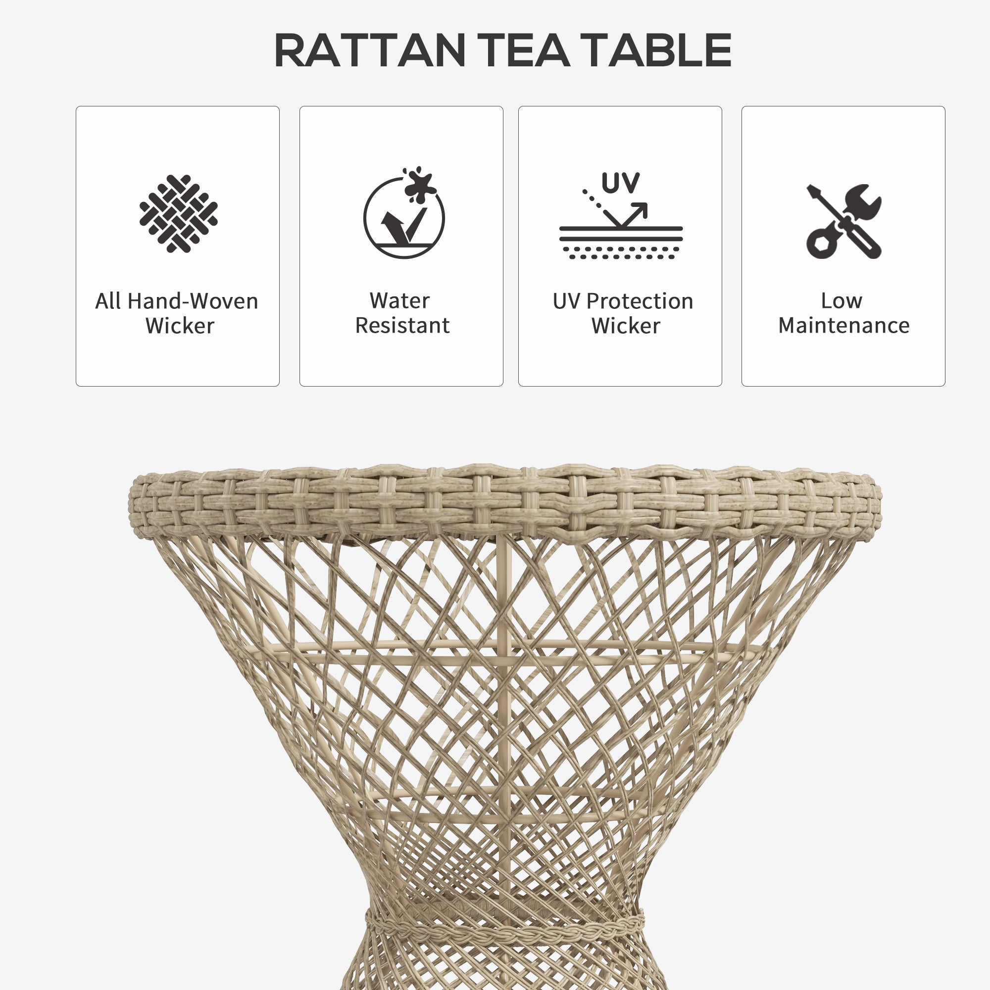 Wicker Outdoor Coffee Table, 18" Round Drum-Style Outdoor Patio Table with Tempered Glass Top, Light Brown