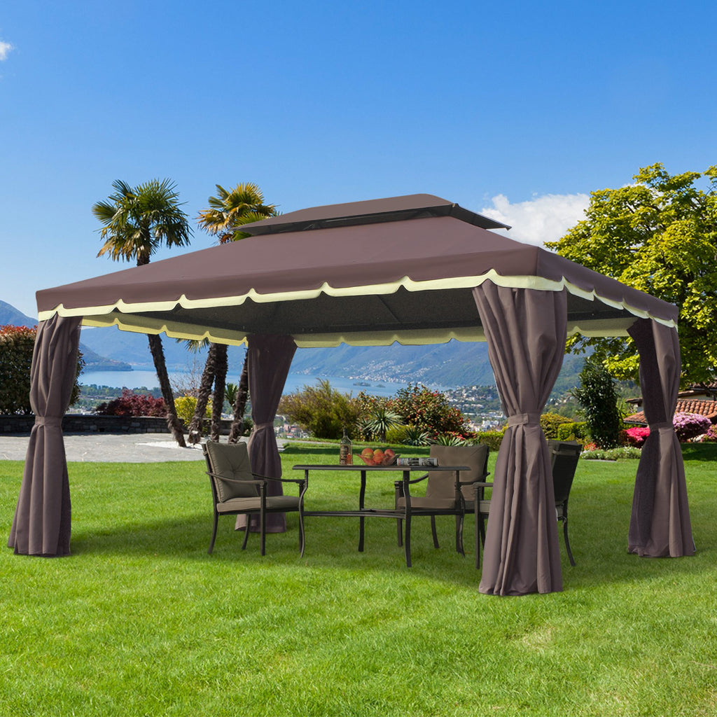 10 x 13ft Aluminum Frame Gazebo Canopy Double Tier Garden Shelter with Netting and Curtains, Coffee