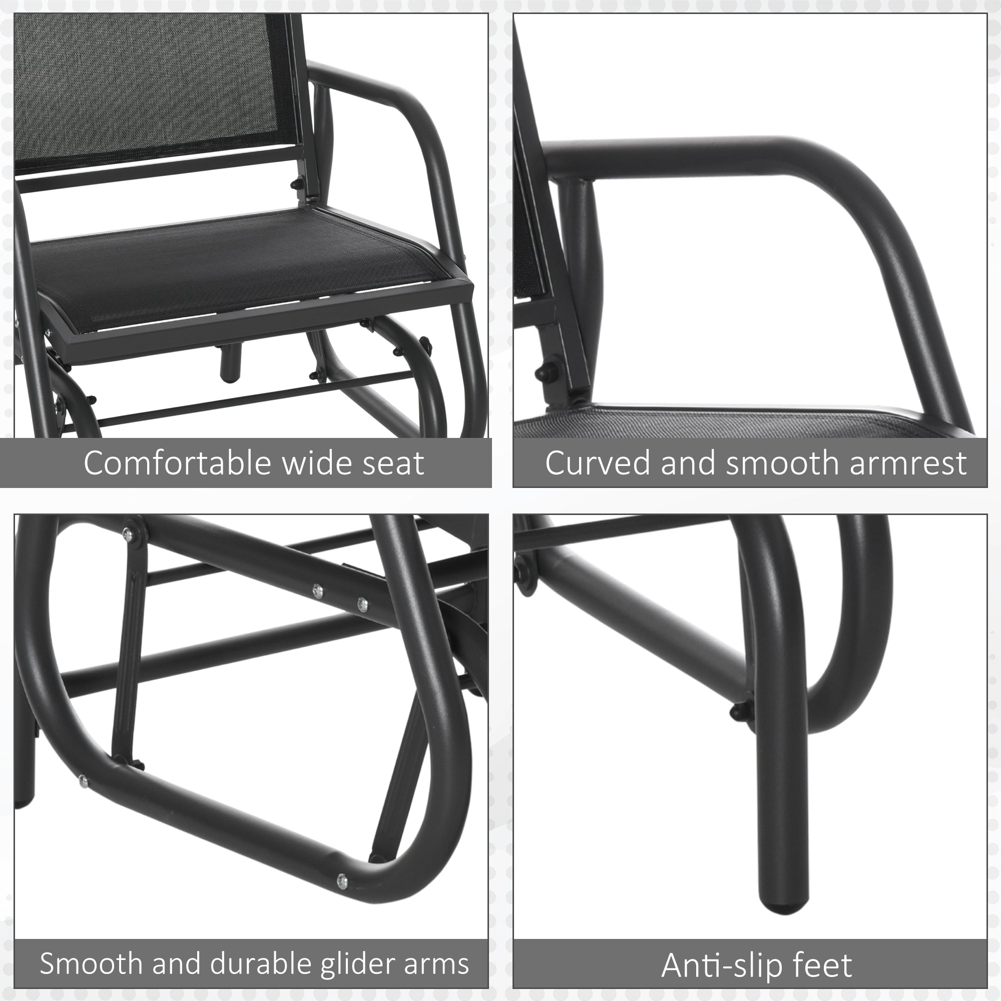 Patio Glider Outdoor Glider Chair with Breathable Mesh Seat & Backrest, Armrests and Metal Frame, Black