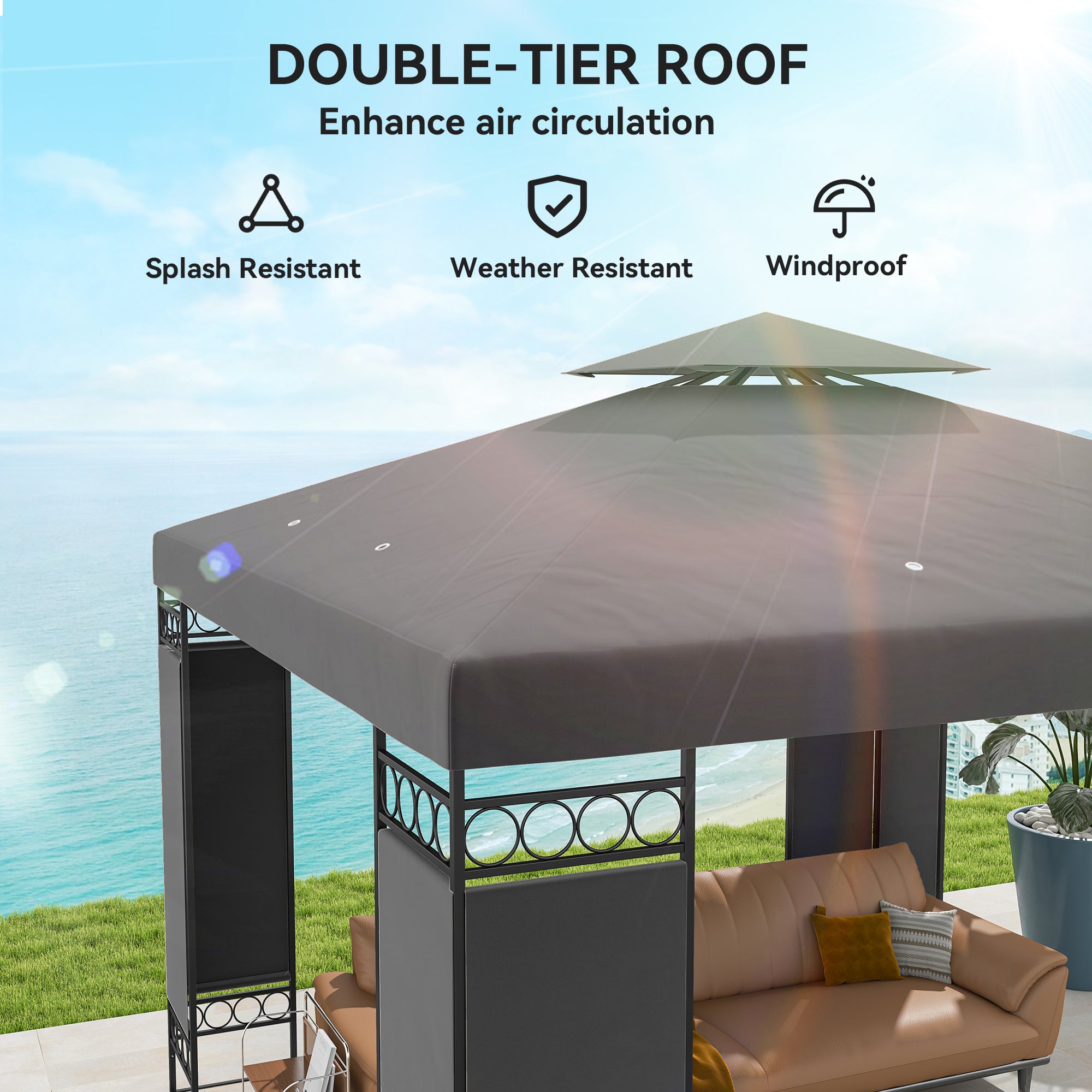 10 x 10 FT Canopy Gazebo, Double Roof Patio Gazebo with Screen Panels and Metal Frame for Deck, Backyard, Dark Grey