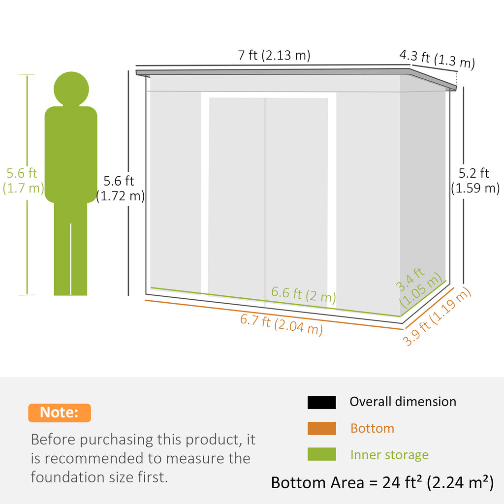 7' x 4' Galvanised Steel Garden Shed, with Foundation Kit - Grey
