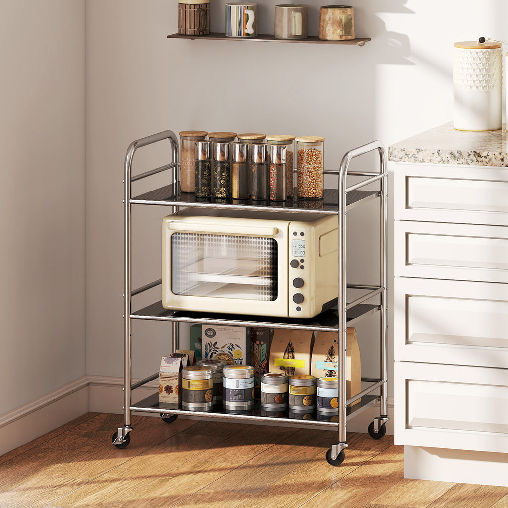 3 Tier Stainless Steel Rolling Cart with Adjustable Shelf, Utility Cart on Wheels with Handles for Kitchen, Silver