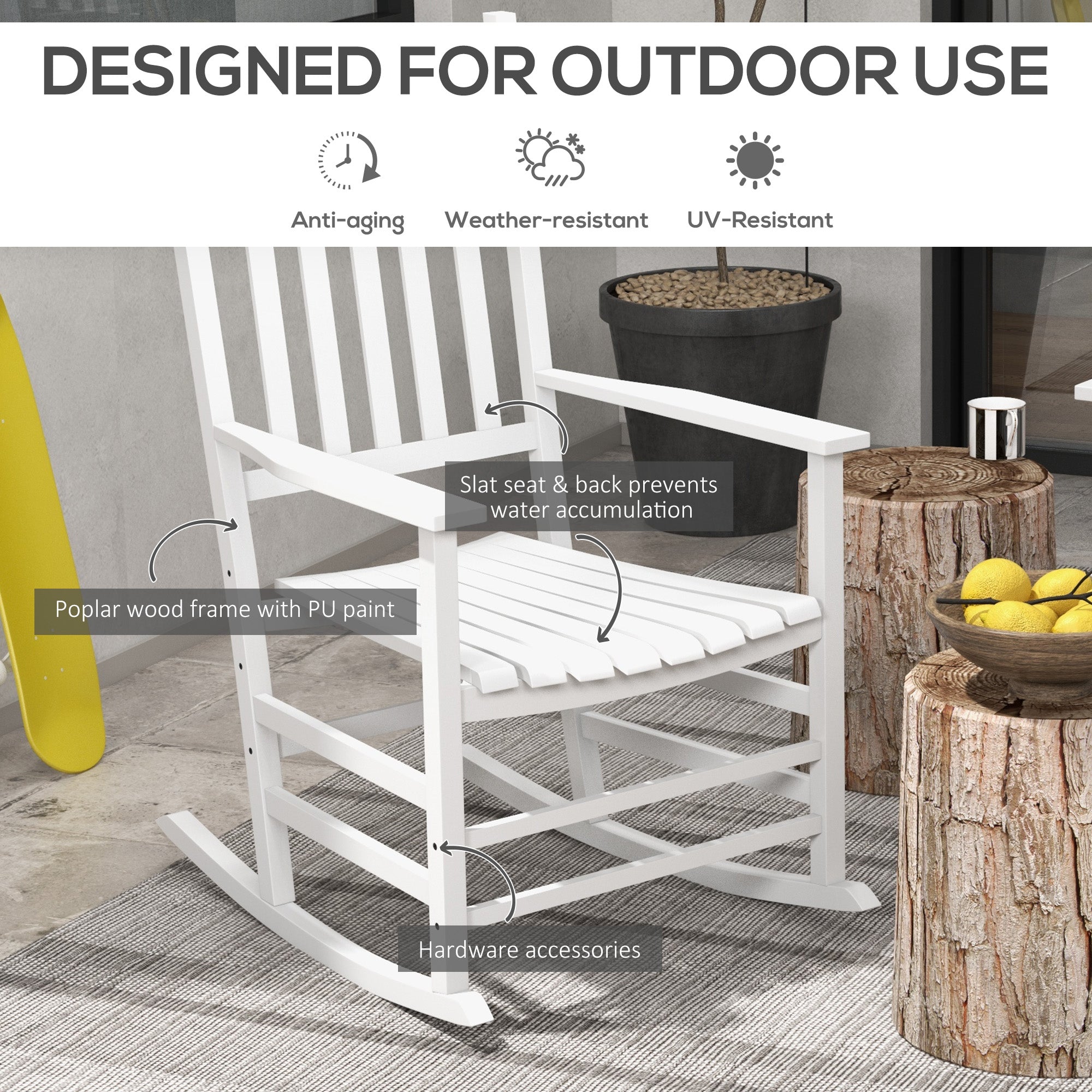 Wooden Patio Rocking Chairs Set of 2, Outdoor Rocker Chairs with Wide Armrests, High Back for Garden, Balcony, White