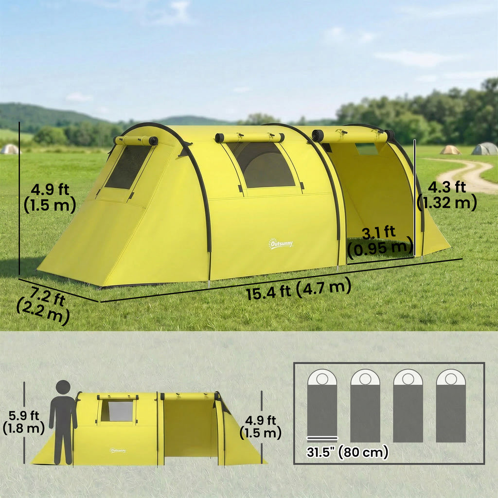 3-4 Person Camping Tent with 2 Rooms, 3000mm Waterproof Portable Family Tent with Carry Bag, Yellow