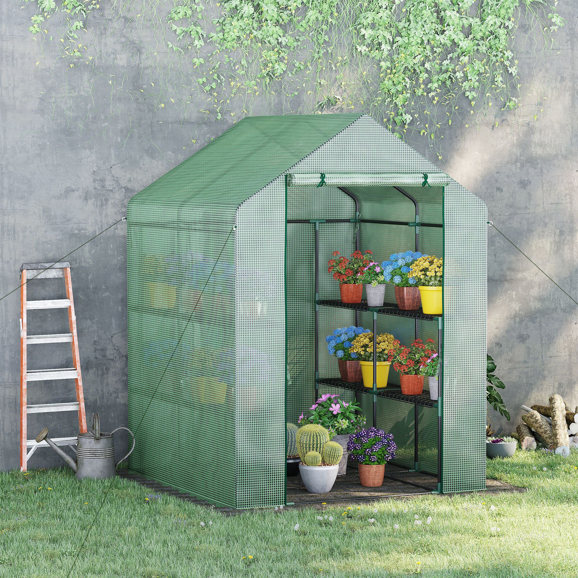 56" x 54" x 74" Walk-in Greenhouse Portable Garden Flower Seed Warm House with 8 Shelves, Outdoor Plant Growth Hot House, PE Cover, Green