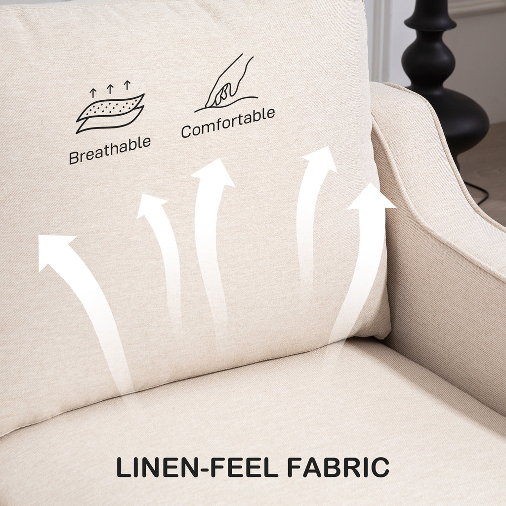 3 Seater Sofa, Modern Couch with Pocket Spring, Linen Upholstered, Thick Padded, Beige