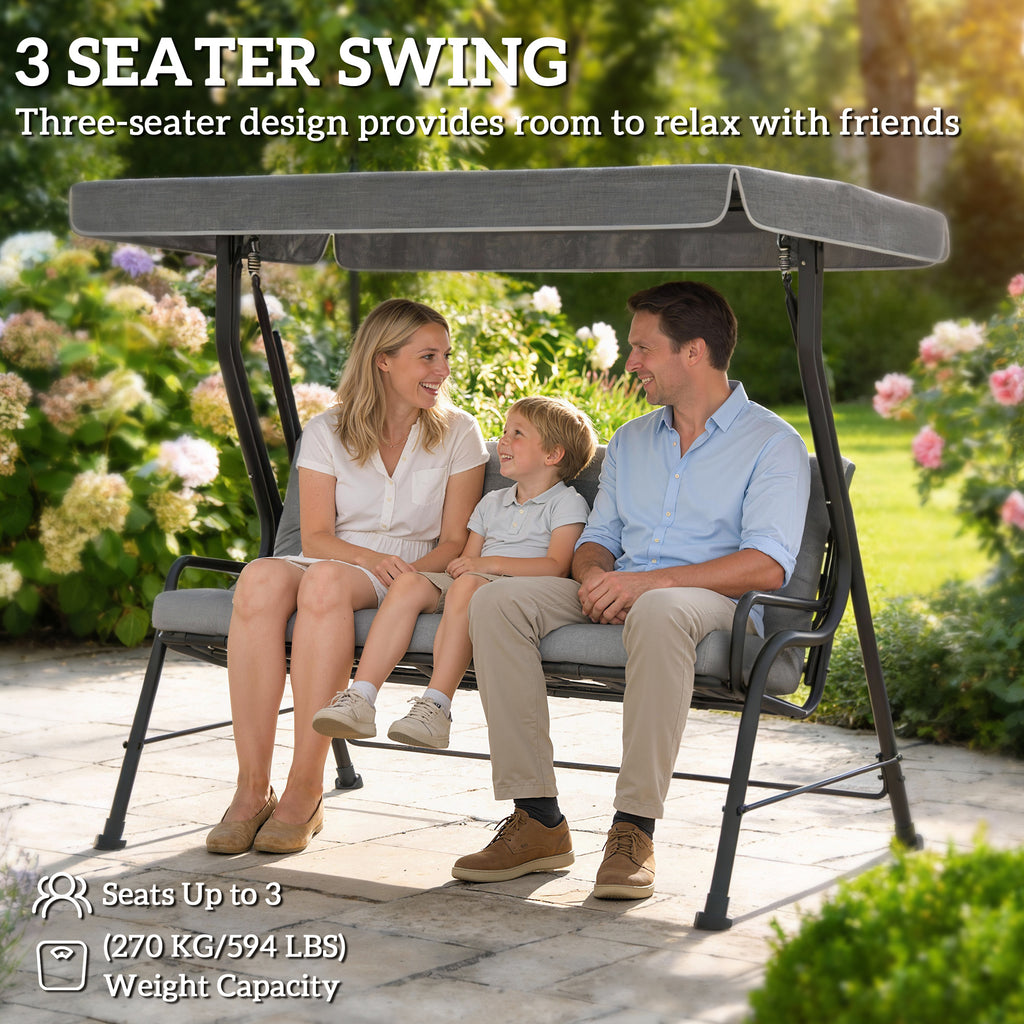 3-Person Patio Swing Chair with Canopy 3 Seater Porch Swing for Garden, Backyard, Poolside, Light Grey