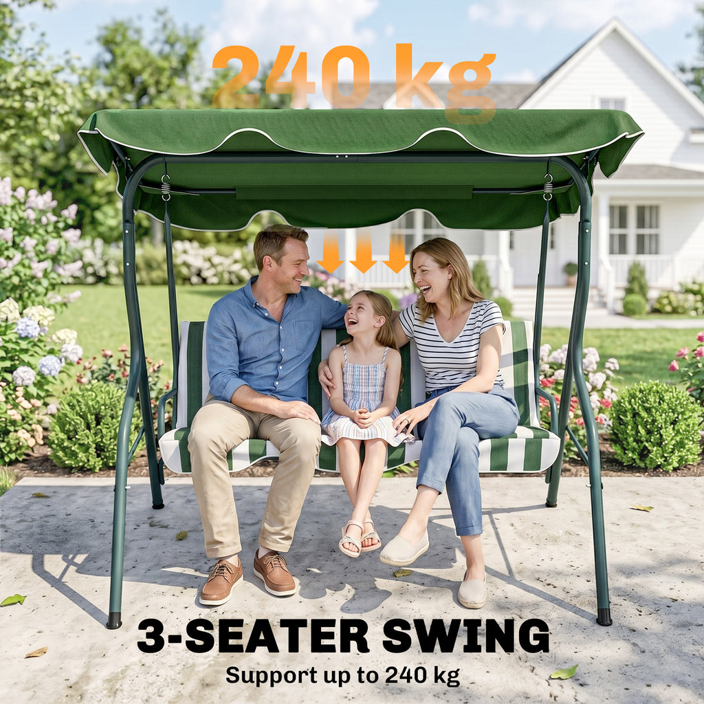 Outdoor Porch Swing with Adjustable Canopy, 3-Seater Patio Swing Chair with Cushion, Green