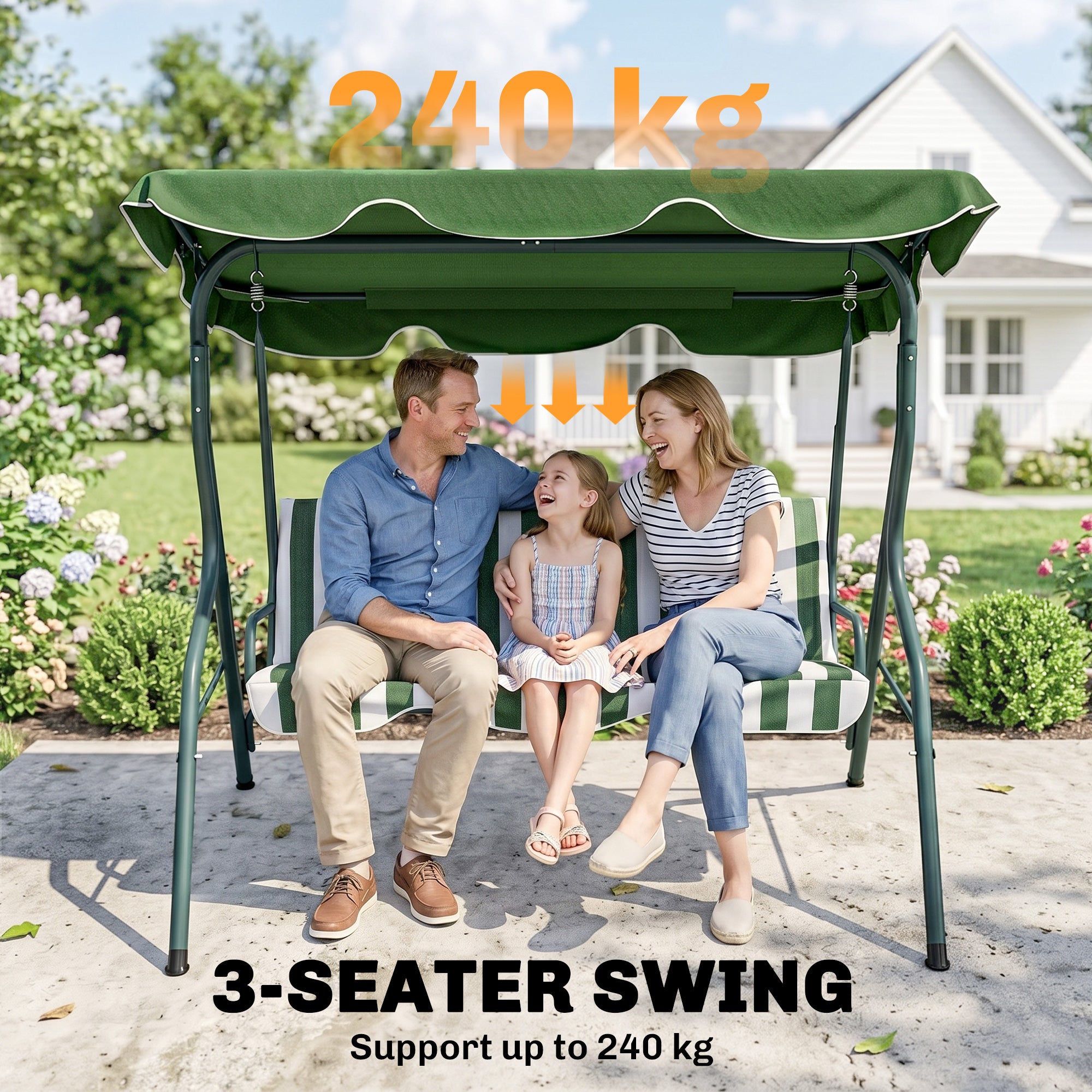 Outdoor Porch Swing with Adjustable Canopy, 3-Seater Patio Swing Chair with Cushion, Green