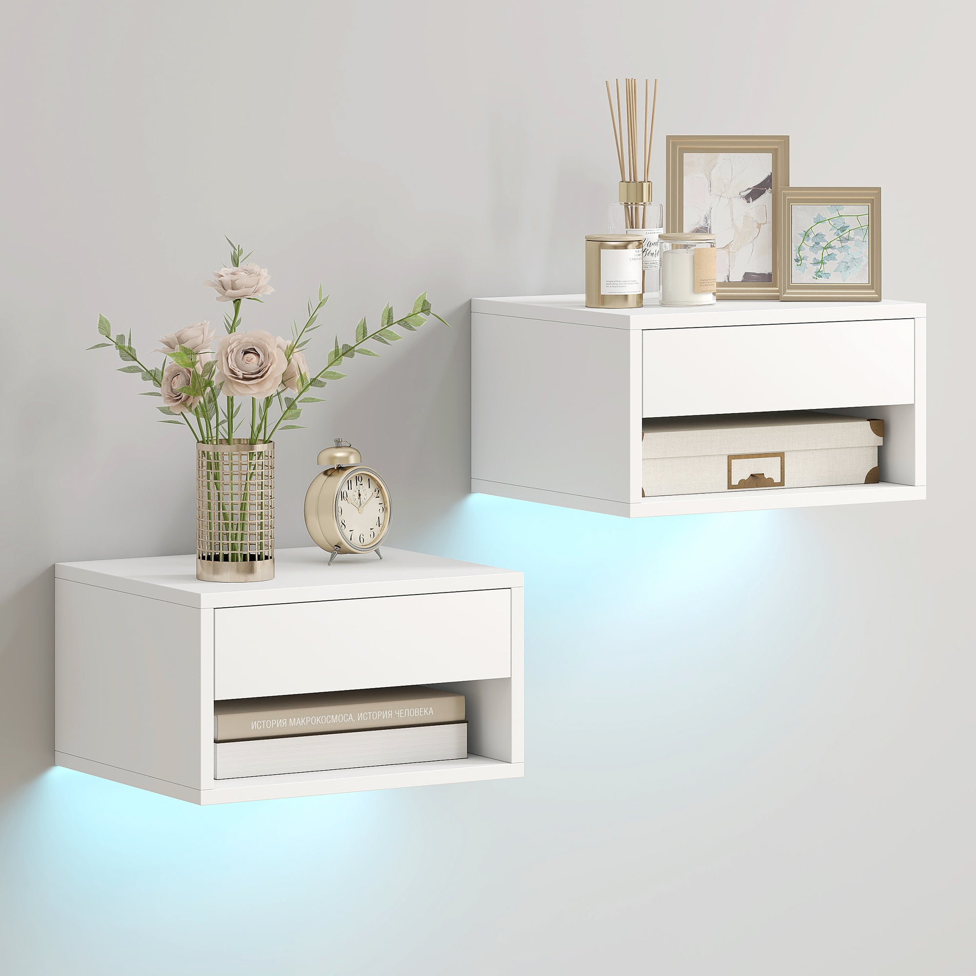 Floating Bedside Table Set of 2 with RGB LED Lights App Control