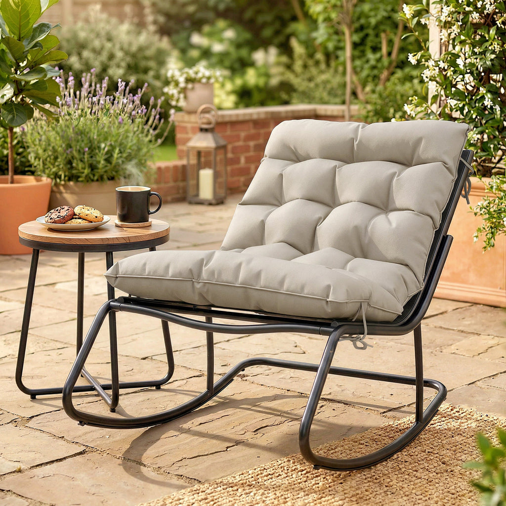 Outdoor Rocking Chair, Oversized Rocking Patio Chair with 25" Extra Wide Mesh Seat and Cushion, Khaki