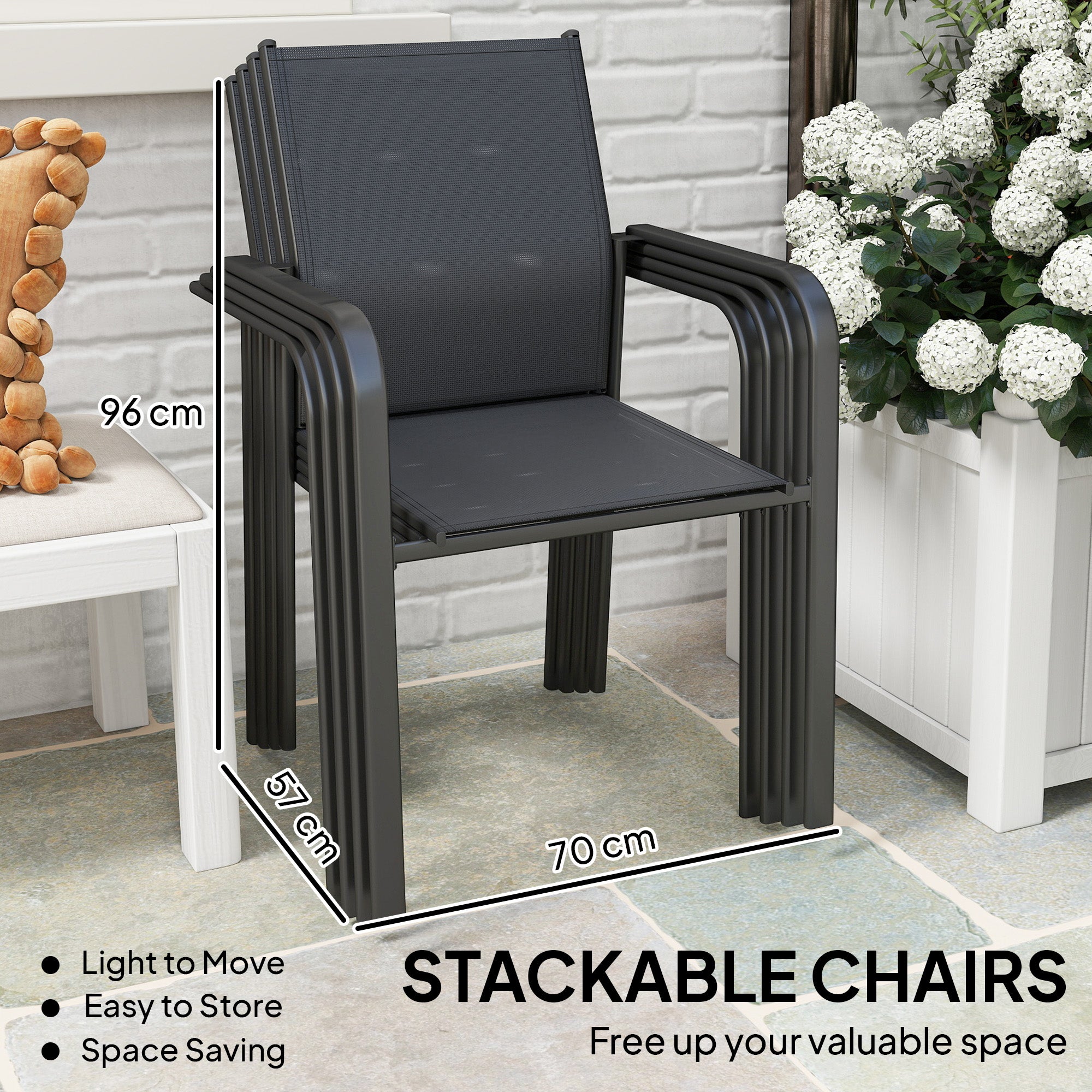 Stackable Patio Chairs Set of 4, Outdoor Dining Chairs with 20" Deep Seat, All Weather Breathable Mesh, Armrests, Black