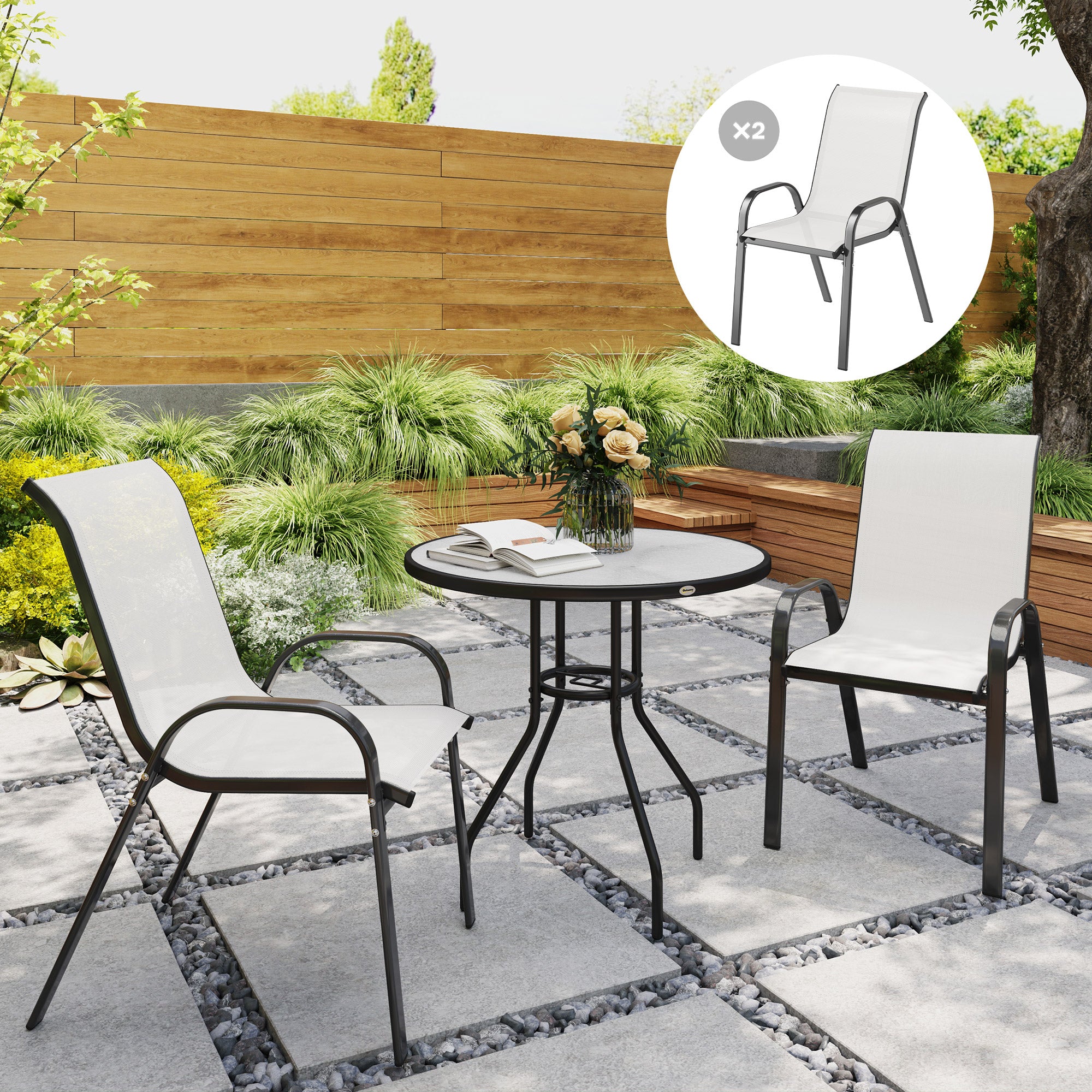 Set of 2 Outdoor Dining Chairs, Stackable Lawn Chairs with High Back, Breathable Mesh Seat for Garden Porch, Light Grey