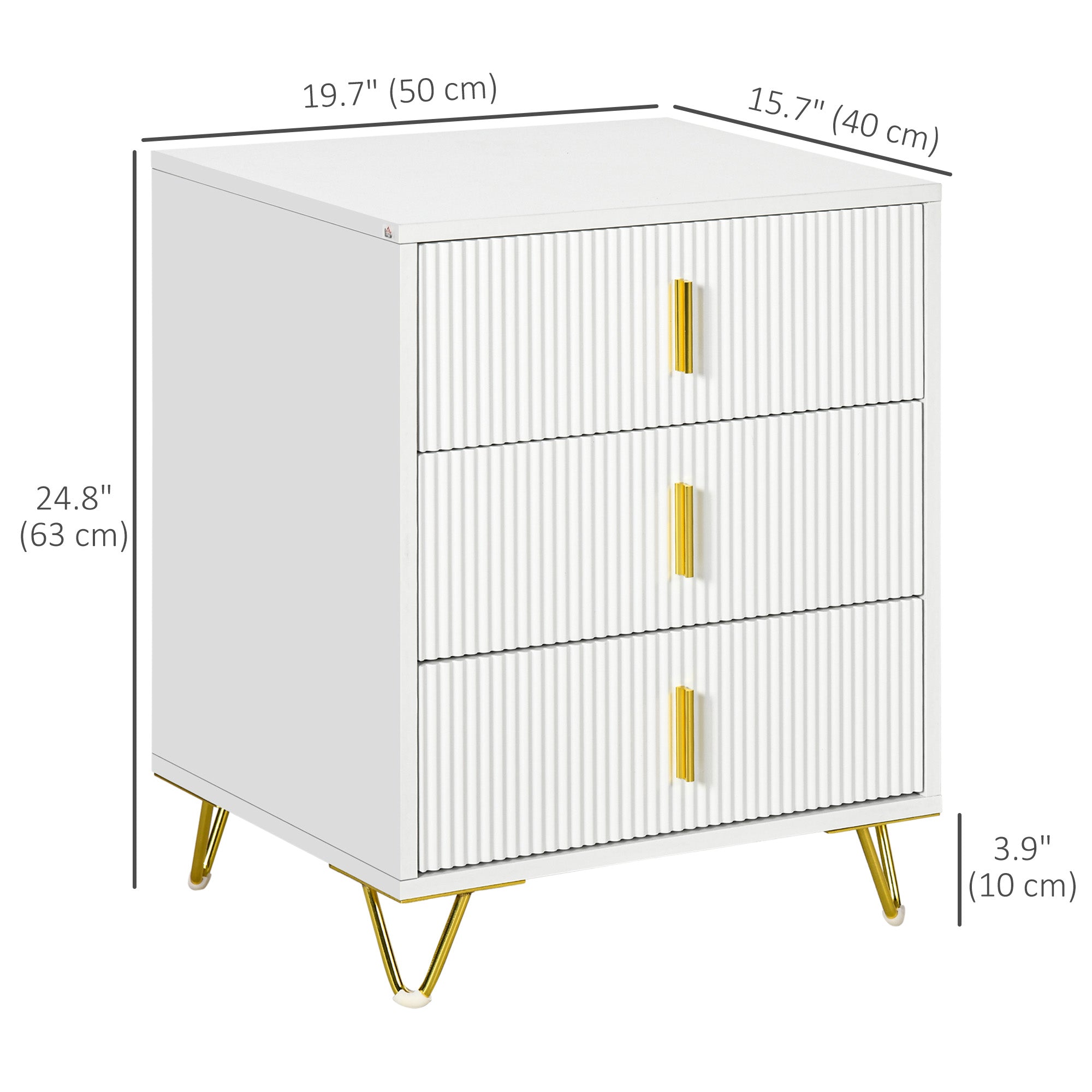 Drawer Chest, 3-Drawer Storage Cabinet Unit with Metal Legs for Living Room, 19.7"x15.7"x24.8", White