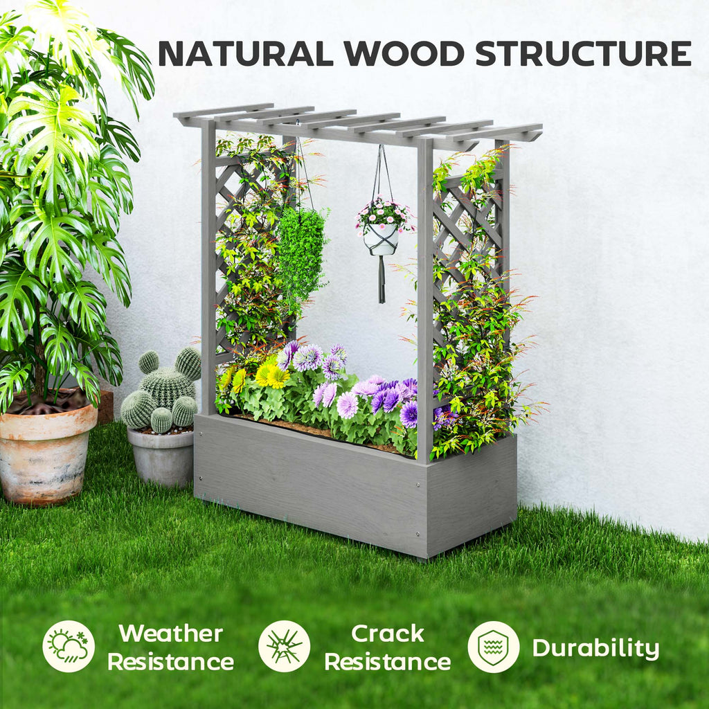 Wooden Raised Garden Bed with Trellis, Outdoor Planter Box with Hanging Roof, Drainage Holes and Bed Liner