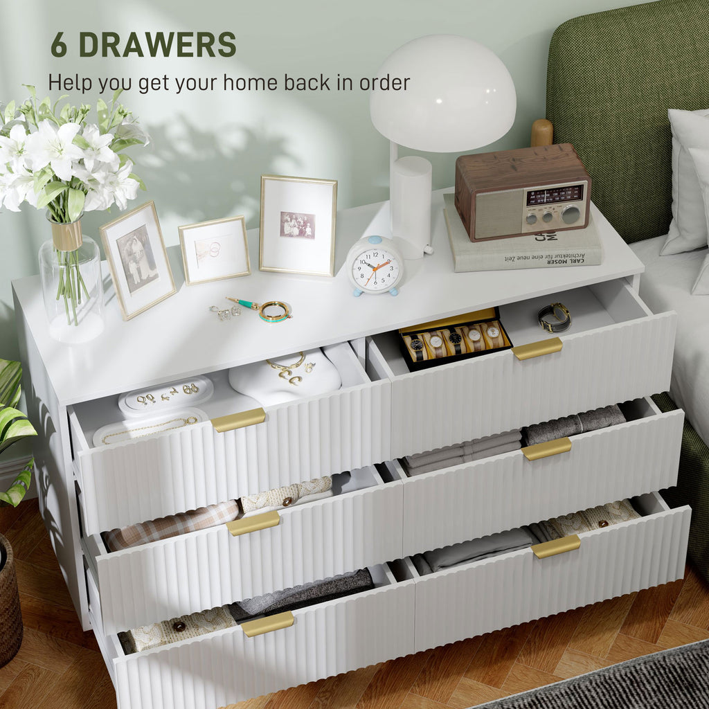 Modern Chest of Drawers 6 Drawer Dresser for Bedroom with Gold Legs and Handles, White