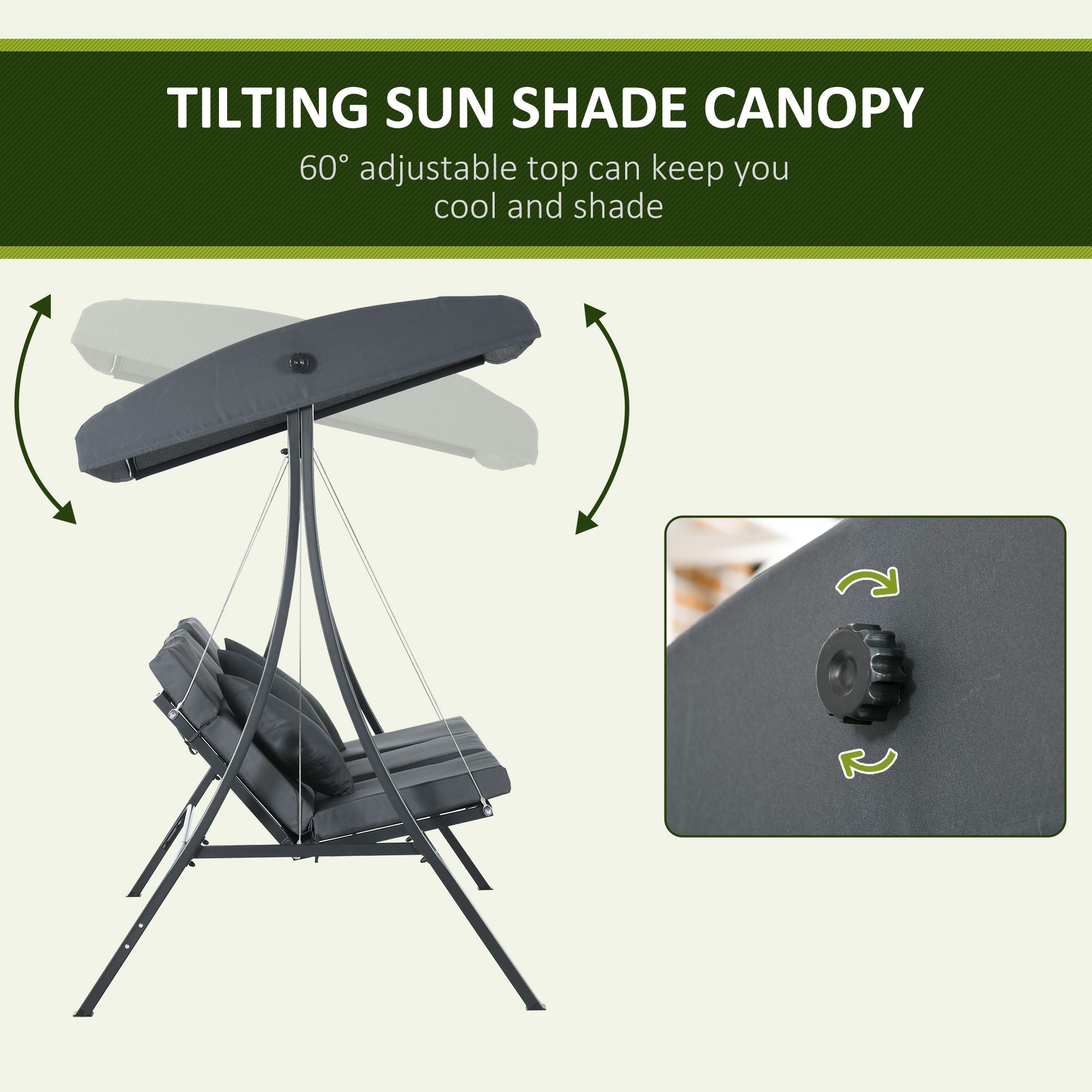 3-Person Patio Swing Chair, Outdoor Porch Swing Bench with Adjustable Canopy, Cushioned Seat, Dark Grey