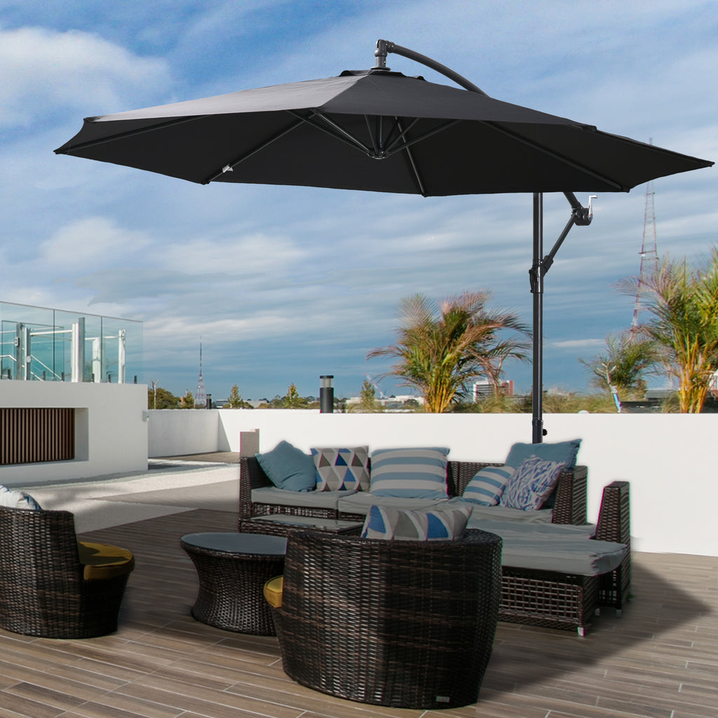 9.7ft Offset Patio UmbrellaCantilever Parasol with Crank Handle, 8 Ribs and Cross Base for Outdoor, Sun Shade, Black