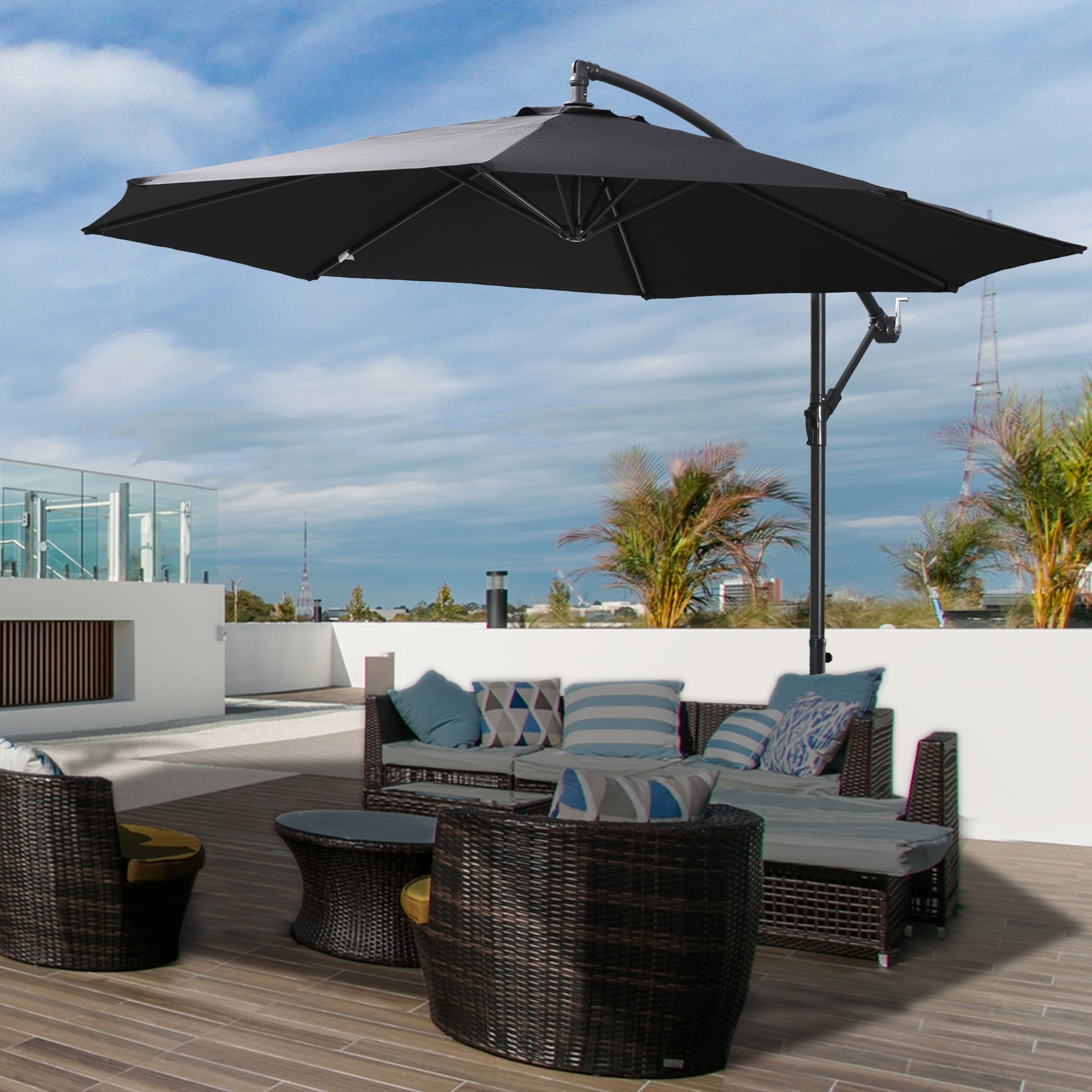 9.7ft Offset Patio UmbrellaCantilever Parasol with Crank Handle, 8 Ribs and Cross Base for Outdoor, Sun Shade, Black