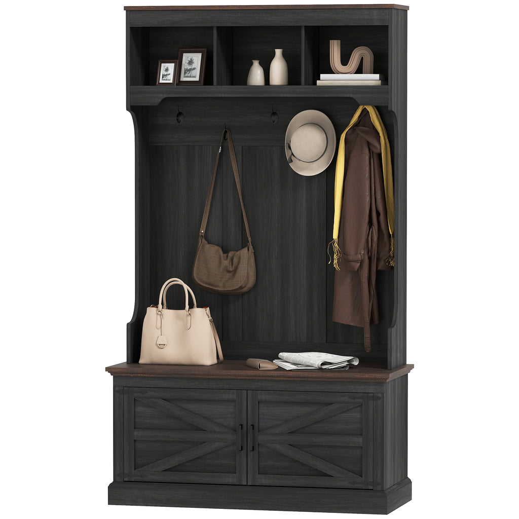 3-in-1 Hall Tree with Bench, Coat Rack with Shoe Storage, Distressed Black