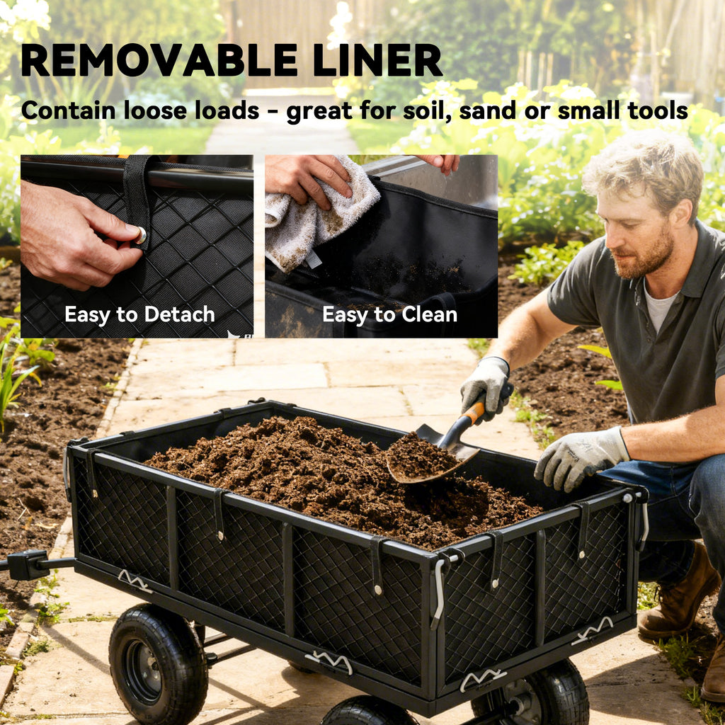 Steel Garden Cart, Utility Wagon Cart with Removable Liner, Quick-Release Sides, 10" Wheels, 660lbs Capacity