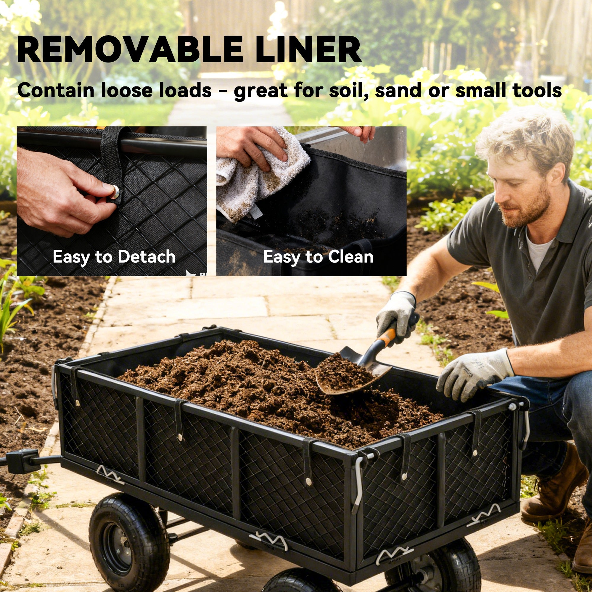 Steel Garden Cart, Utility Wagon Cart with Removable Liner, Quick-Release Sides, 10" Wheels, 660lbs Capacity