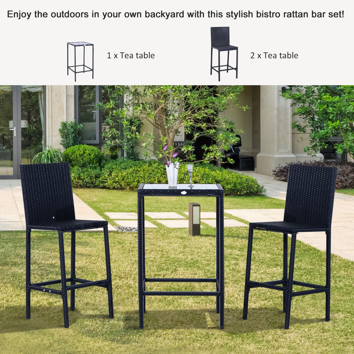 3 Piece Patio Bar Set Wicker Rattan Garden Bistro Set Barstool and Table for Patio Backyard Balcony Poolside, Black