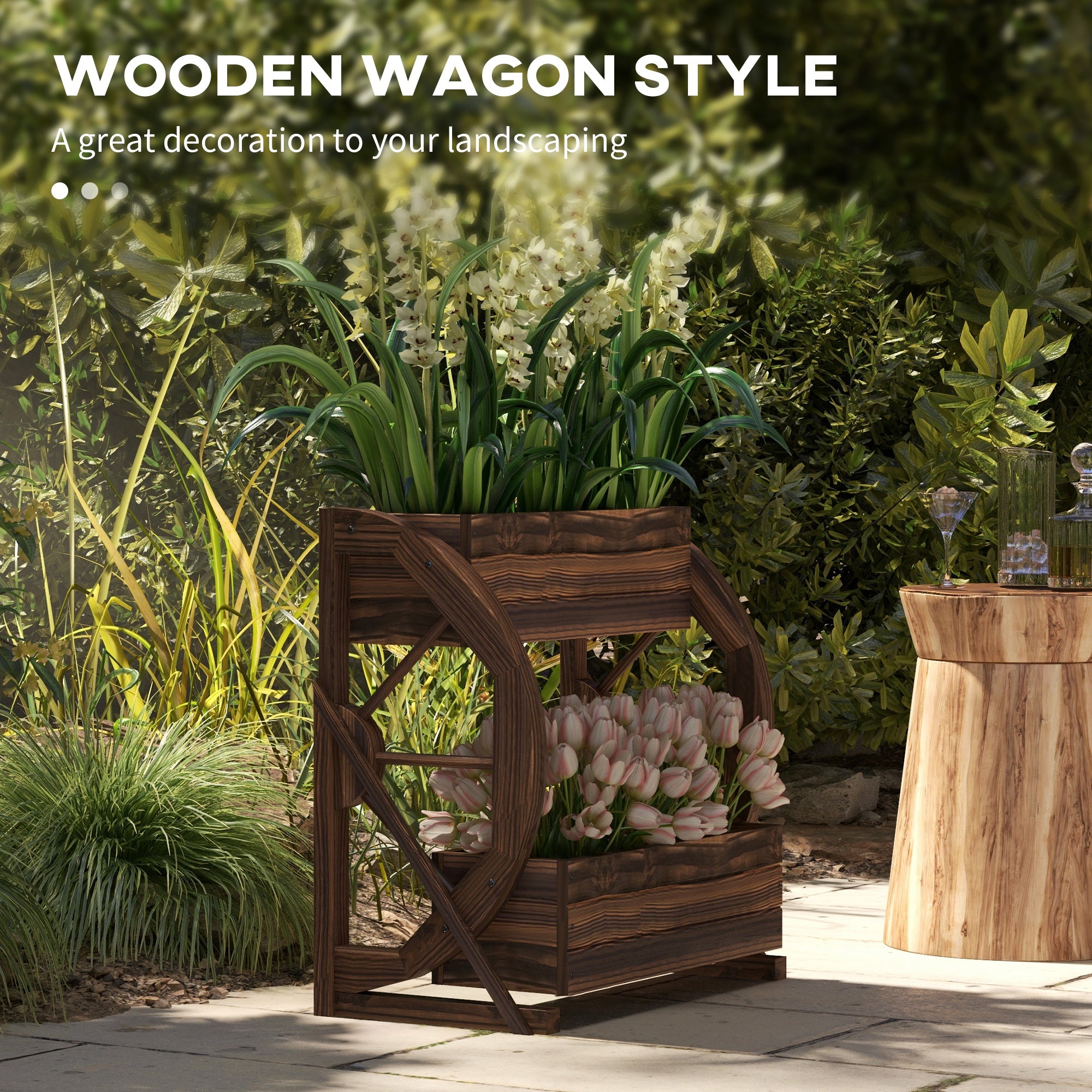 Wooden Wagon Planter Box, 2-Tier Raised Garden Bed, for Vegetables Flowers Herbs
