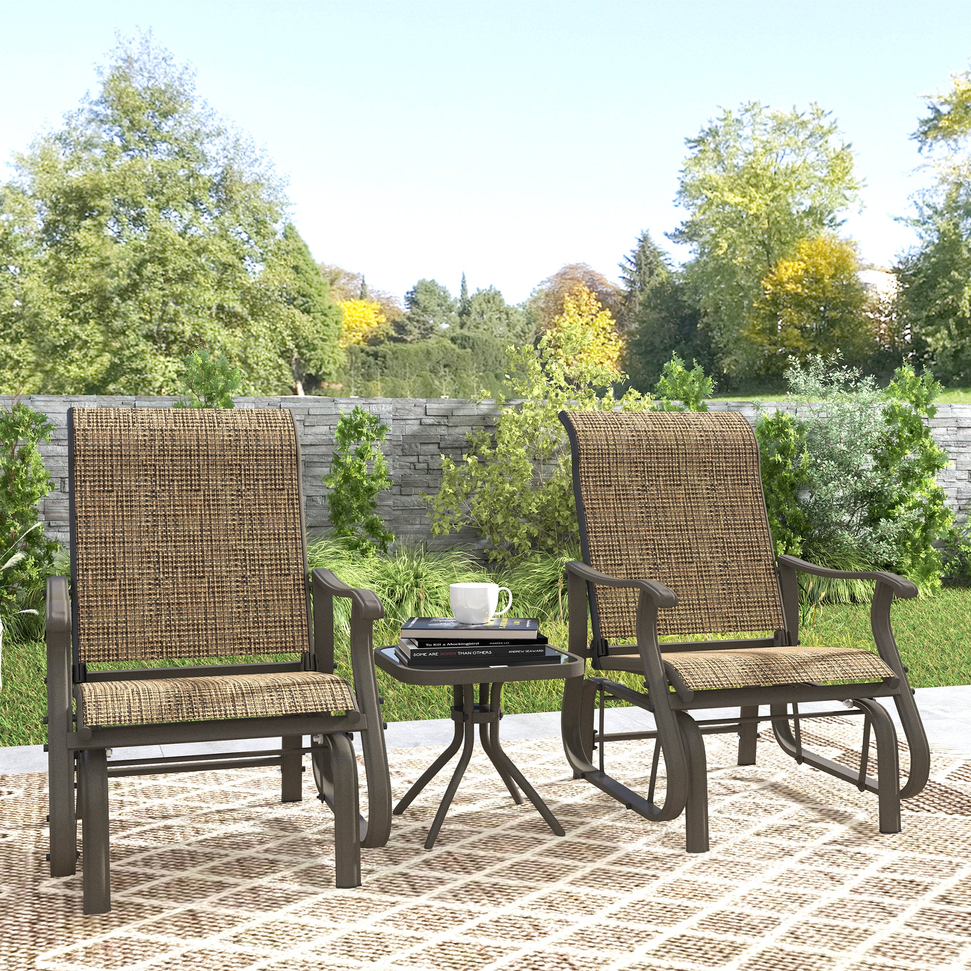 3PCs Gliding Rocking Chair & Bistro Tea Table Set, Brown