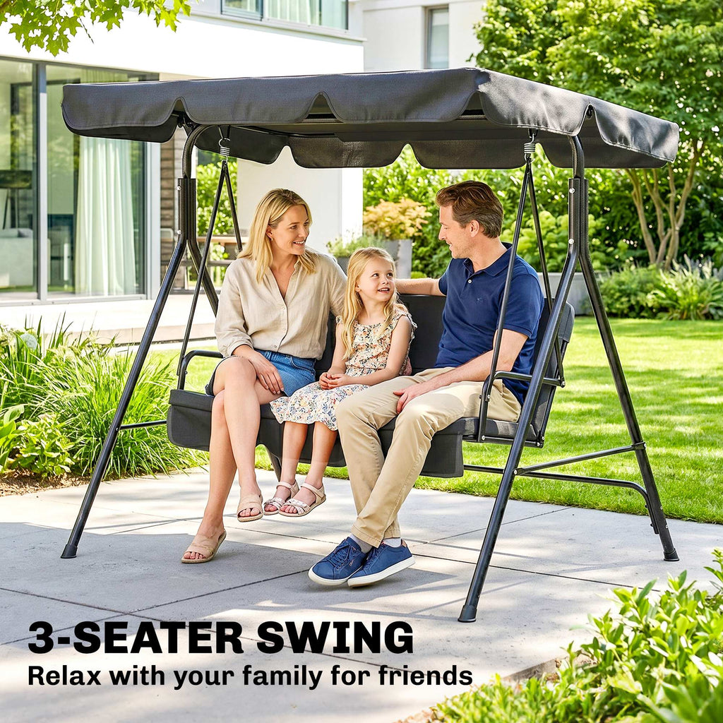 3-Seater Outdoor Porch Swing with Adjustable Canopy, Patio Swing Chair for Garden, Poolside, Backyard, Black