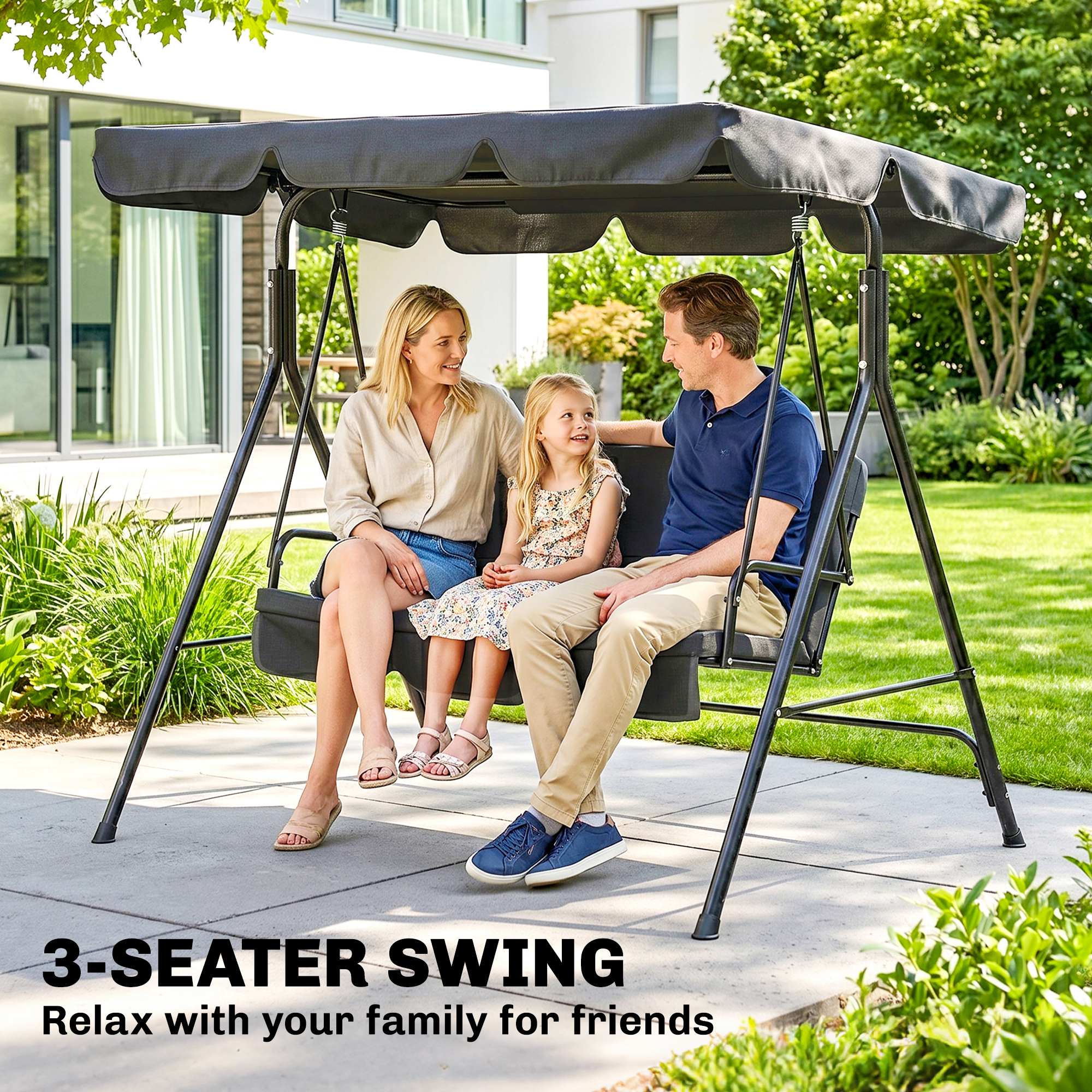 3-Seater Outdoor Porch Swing with Adjustable Canopy, Patio Swing Chair for Garden, Poolside, Backyard, Black
