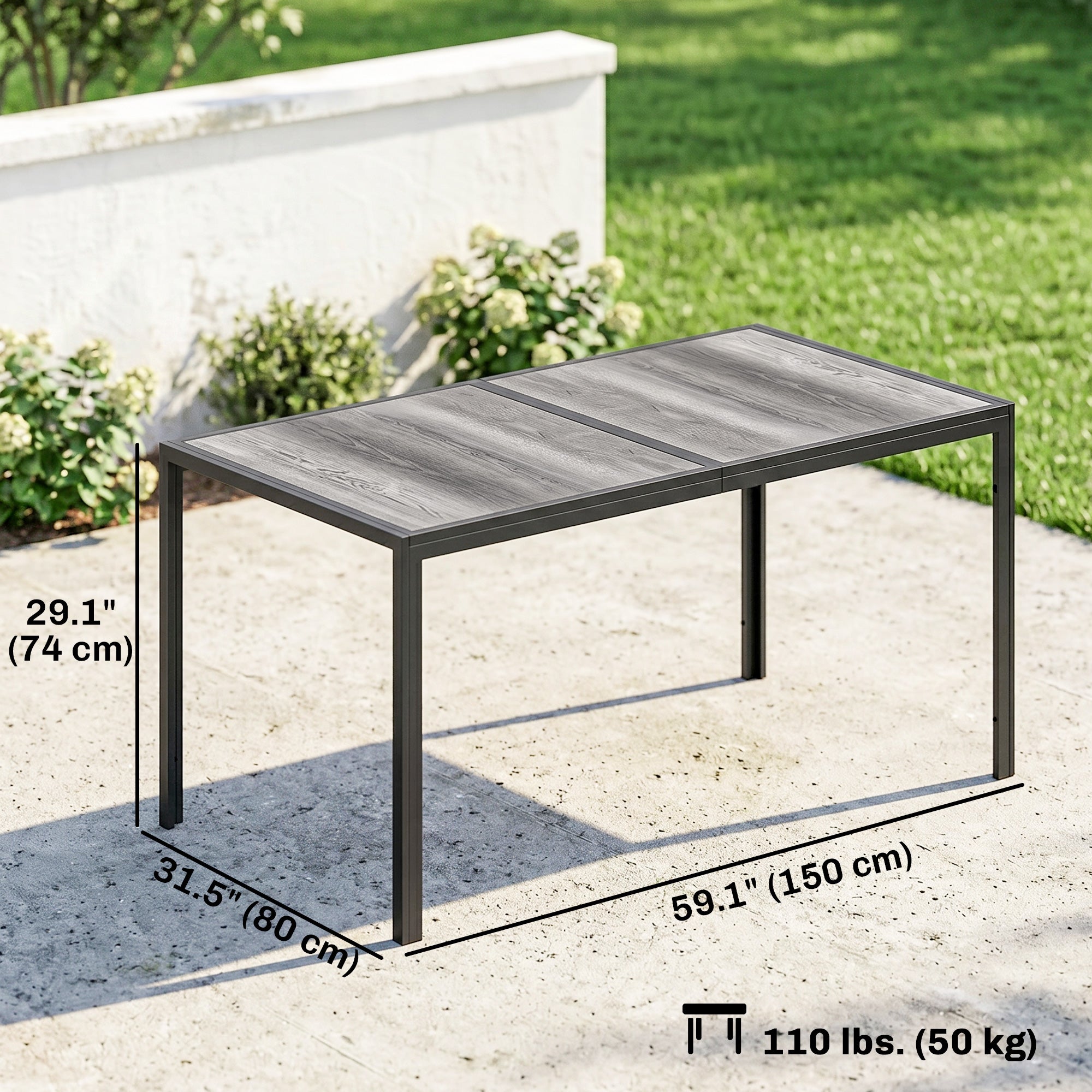 Outdoor Dining Table for 4-6, 59" Outdoor Patio Table with Metal Legs, Wood-Effect Top, Grey
