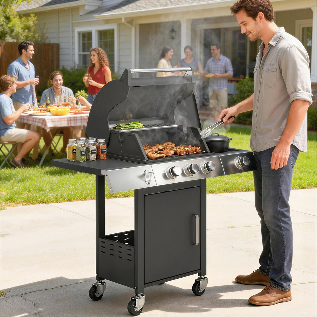 3 Burner Propane Gas Grill with Side Burner, 36,000 BTU BBQ Grill with Cast Iron Grates, Wheels, Warming Rack, Cabinet