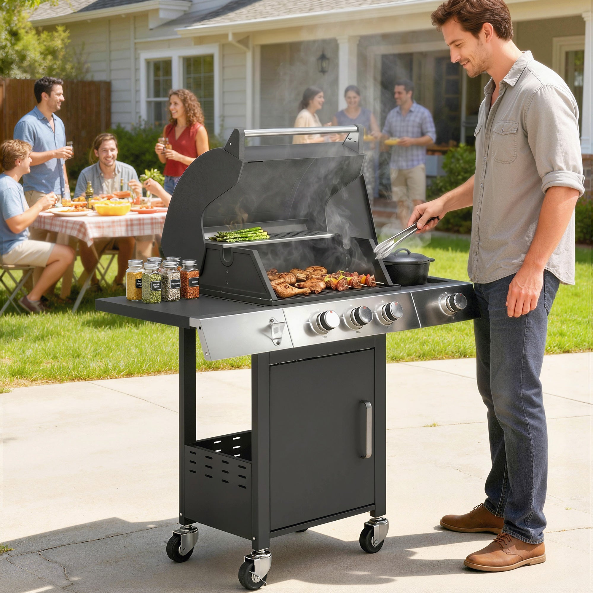 3 Burner Propane Gas Grill with Side Burner, 36,000 BTU BBQ Grill with Cast Iron Grates, Wheels, Warming Rack, Cabinet